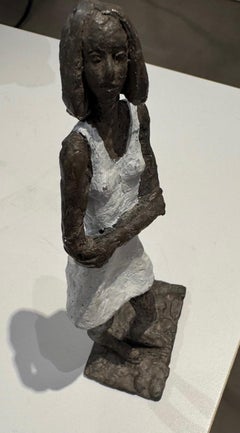 Girl in Mini Dress - contemporary bronze sculpture, female with white dress