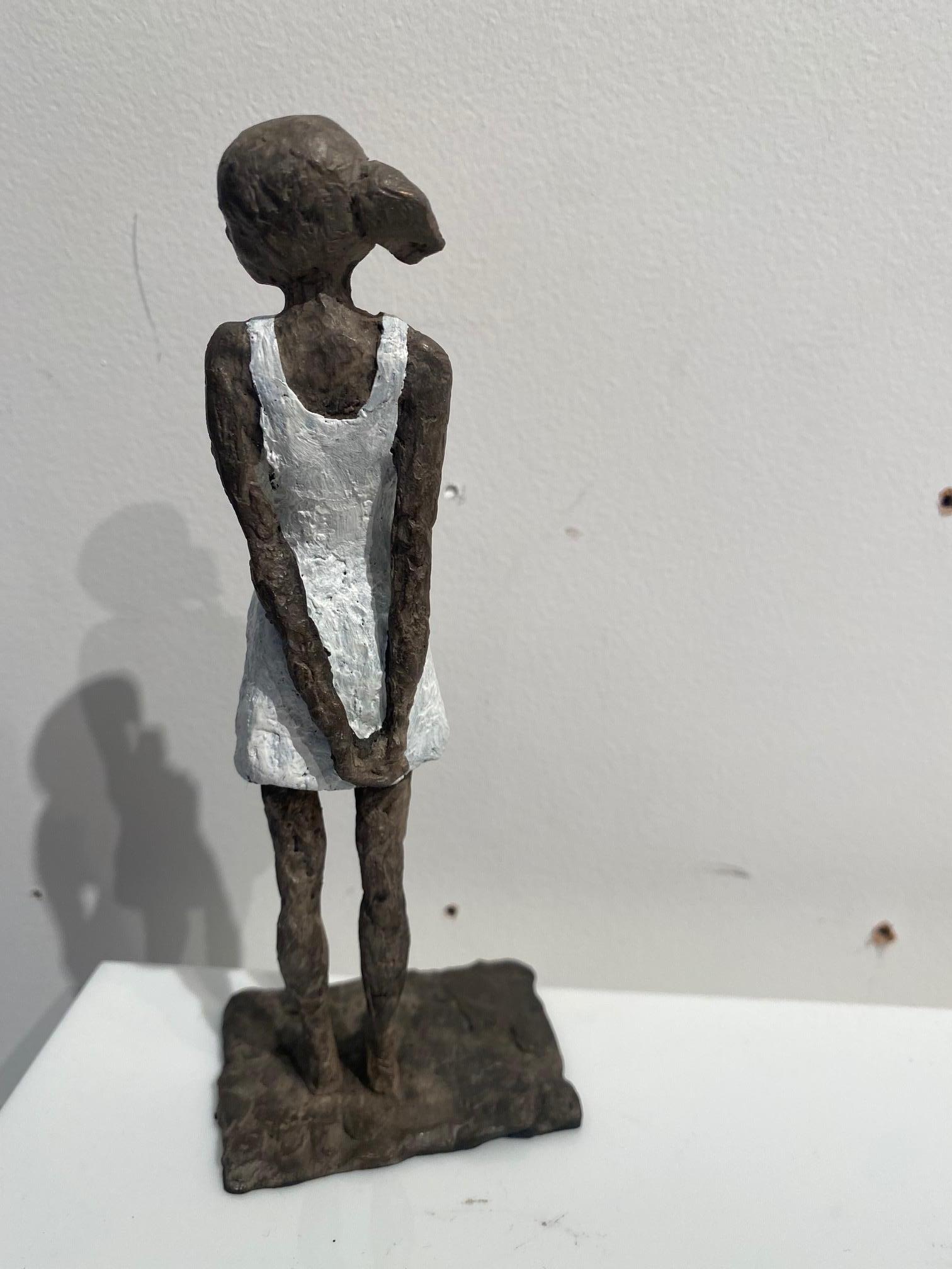 Girl in Mini Dress - contemporary bronze sculpture, female with white dress - Contemporary Sculpture by Susanne Kraisser