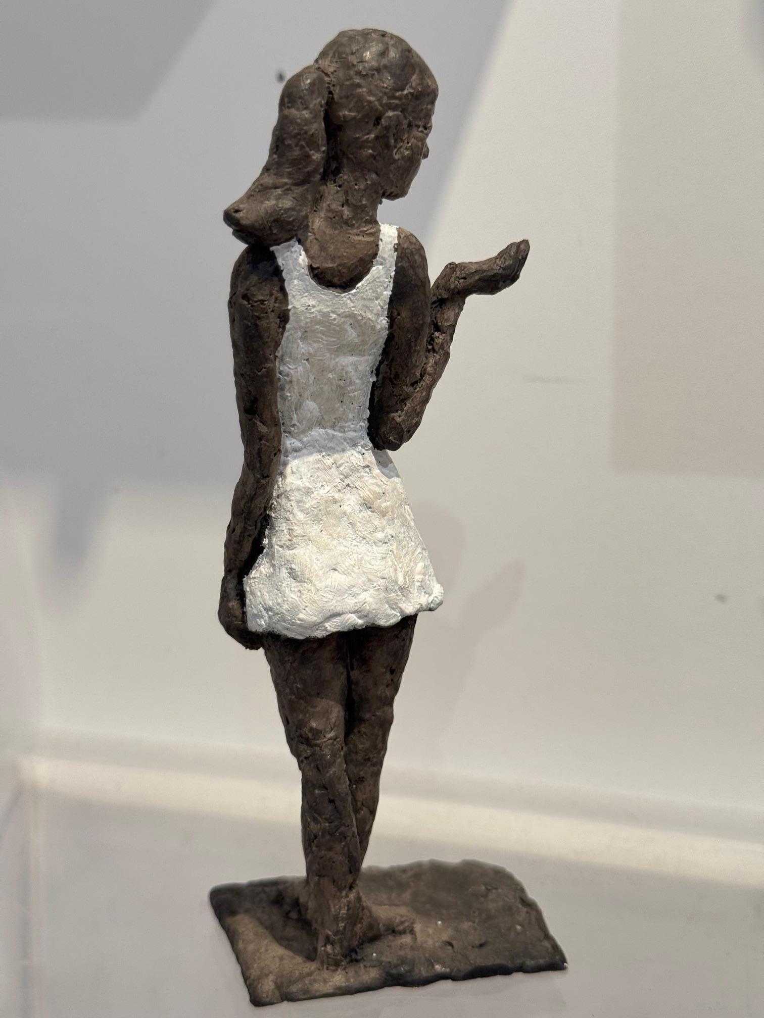 Girl in Mini Dress - contemporary bronze sculpture, female with white dress - Contemporary Sculpture by Susanne Kraisser