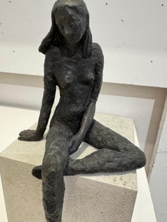 Girl Sitting XIII - contemporary bronze sculpture, nude female on wooden block