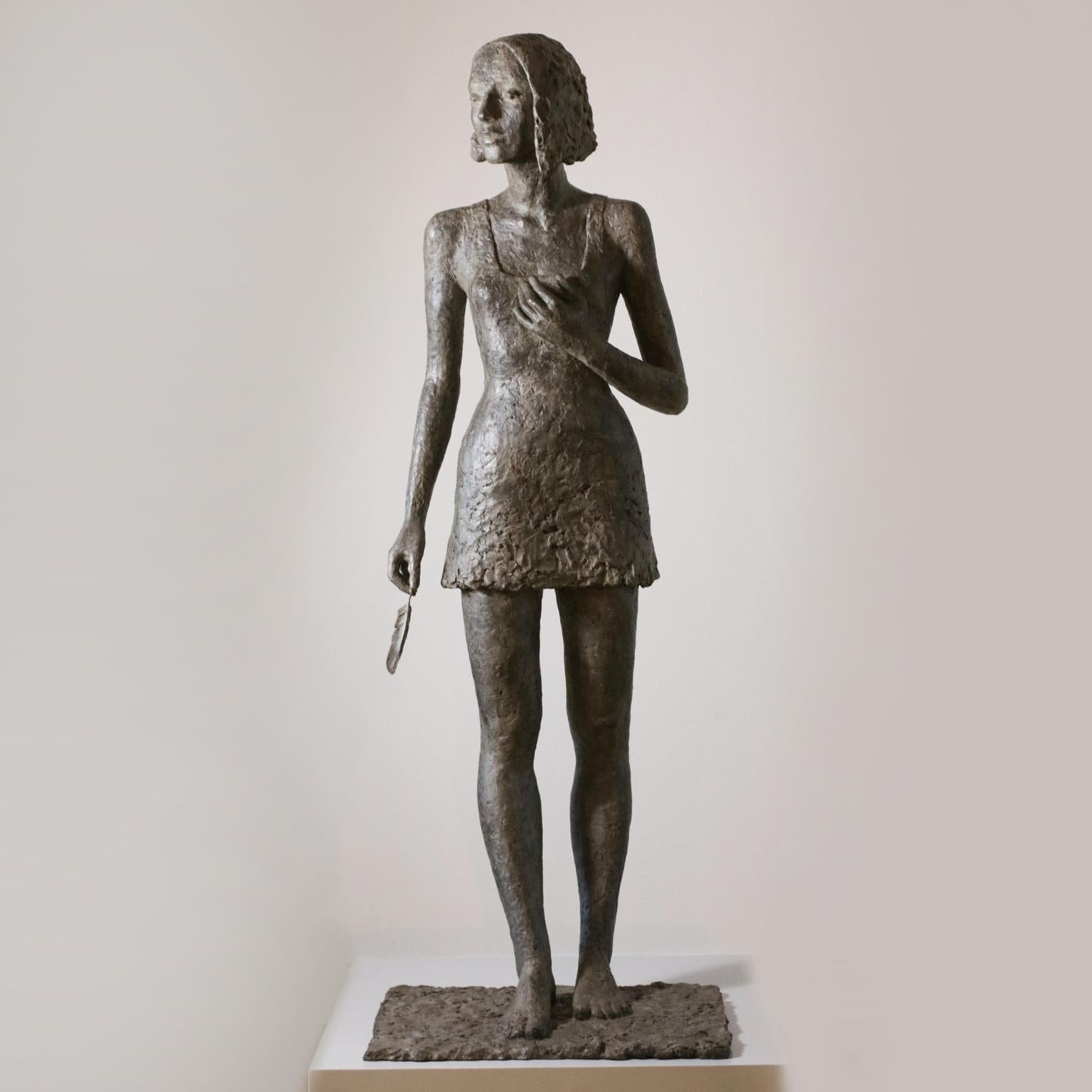 Susanne Kraisser Figurative Sculpture - Milan - contemporary bronze sculpture of life-size Woman holding feather