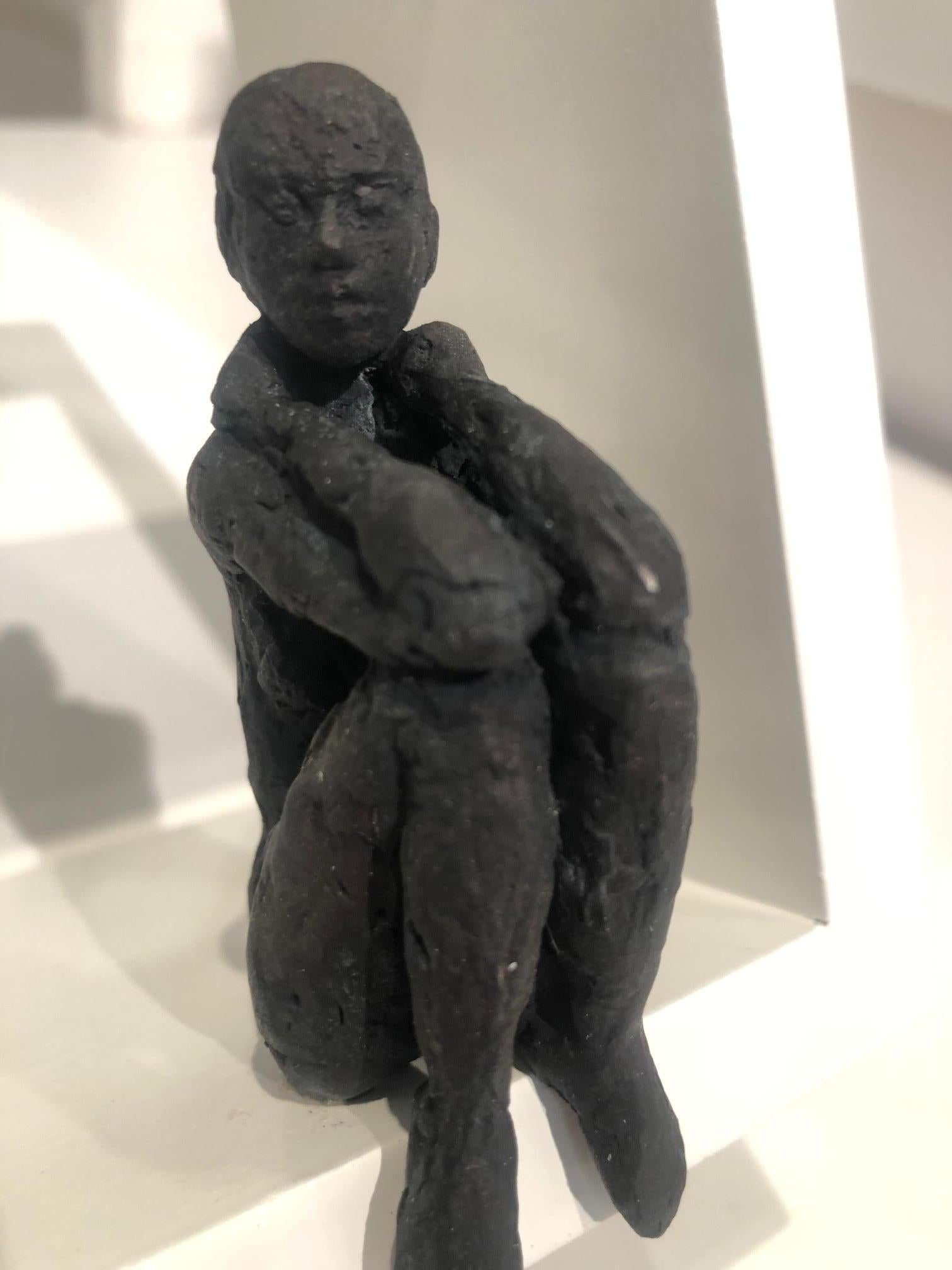 Susanne Kraisser Figurative Sculpture - Small Sitting Nude -contemporary bronze sculpture of nude female on wooden frame