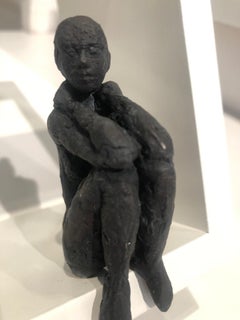 Small Sitting Nude -contemporary bronze sculpture of nude female on wooden frame