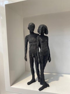 Two- contemporary minimalist bronze sculpture nude couple standing in wood-frame