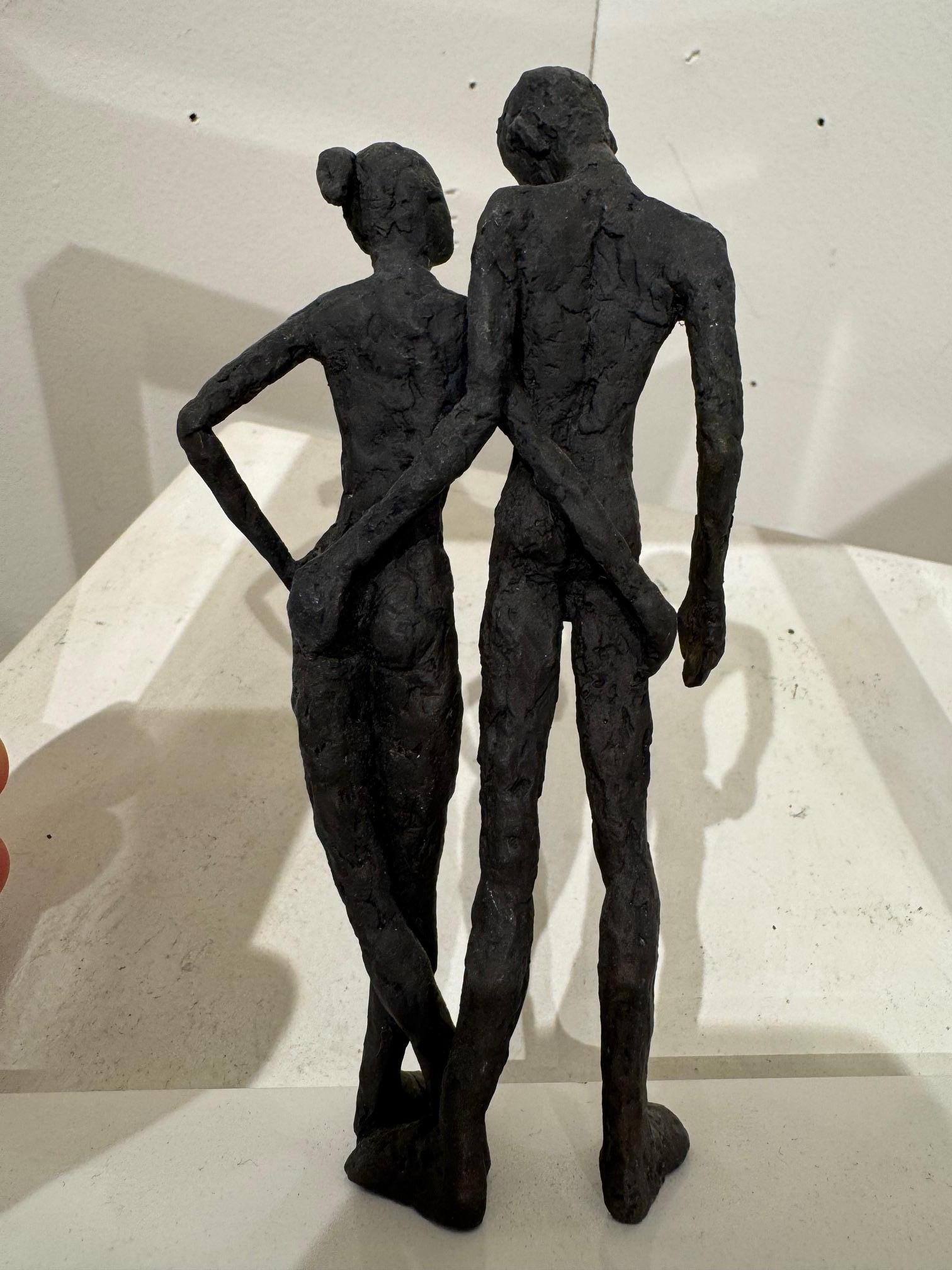 Two- contemporary minimalist bronze sculpture nude couple standing in wood-frame - Contemporary Sculpture by Susanne Kraisser