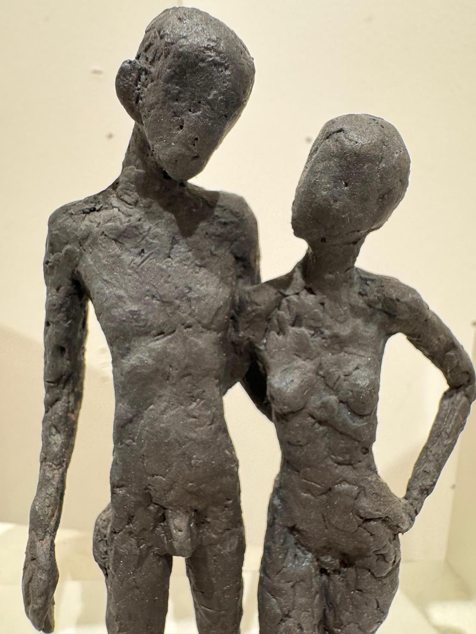 Two- contemporary minimalist bronze sculpture nude couple standing in wood-frame For Sale 1