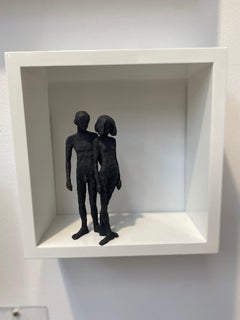 Two- contemporary minimalist bronze sculpture nude couple standing in wood-frame