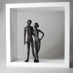 Antique Two- contemporary minimalist bronze sculpture nude couple standing in wood-frame