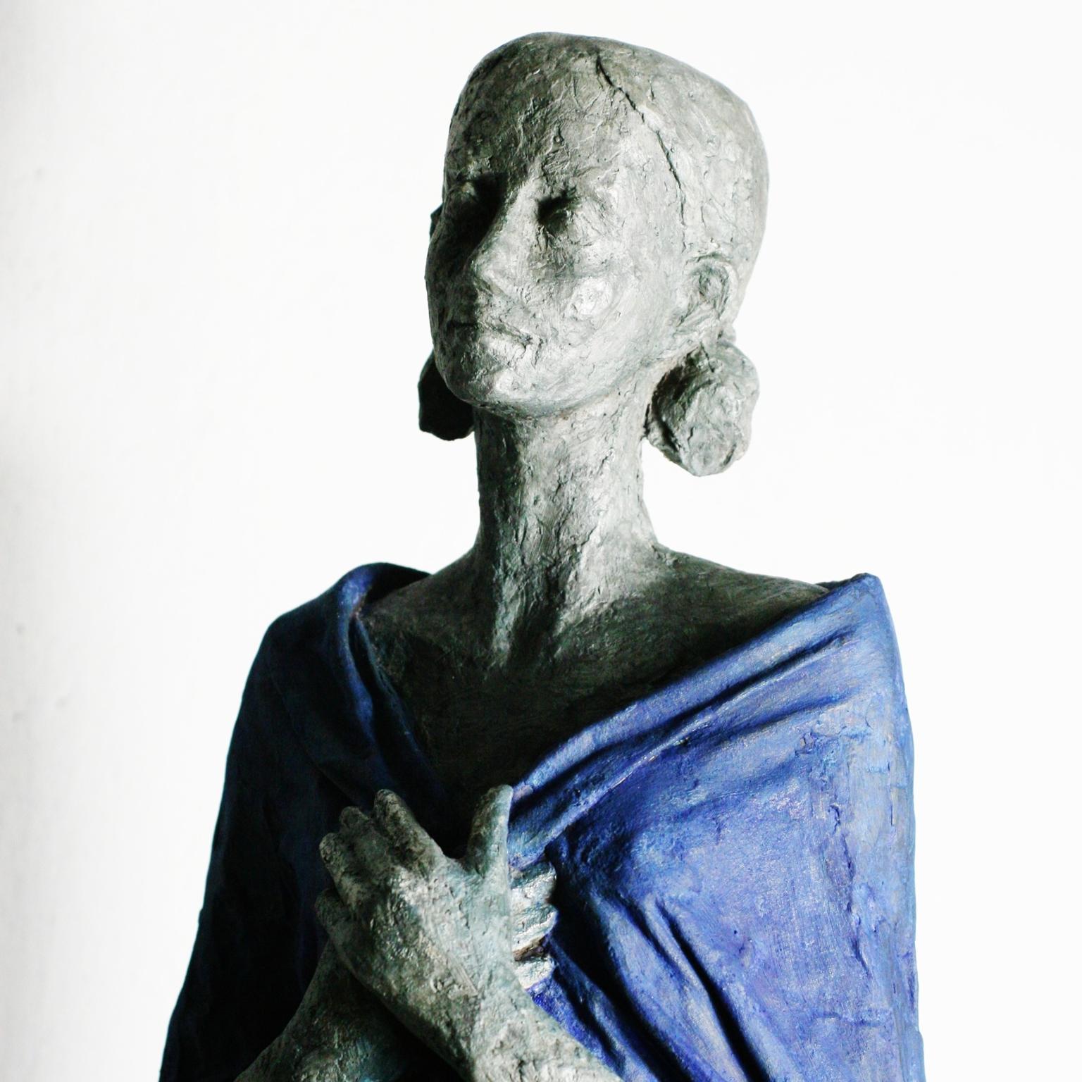 Woman with Blue Cape (Day after Christmas) - contemporary bronze sculpture  - Sculpture by Susanne Kraisser