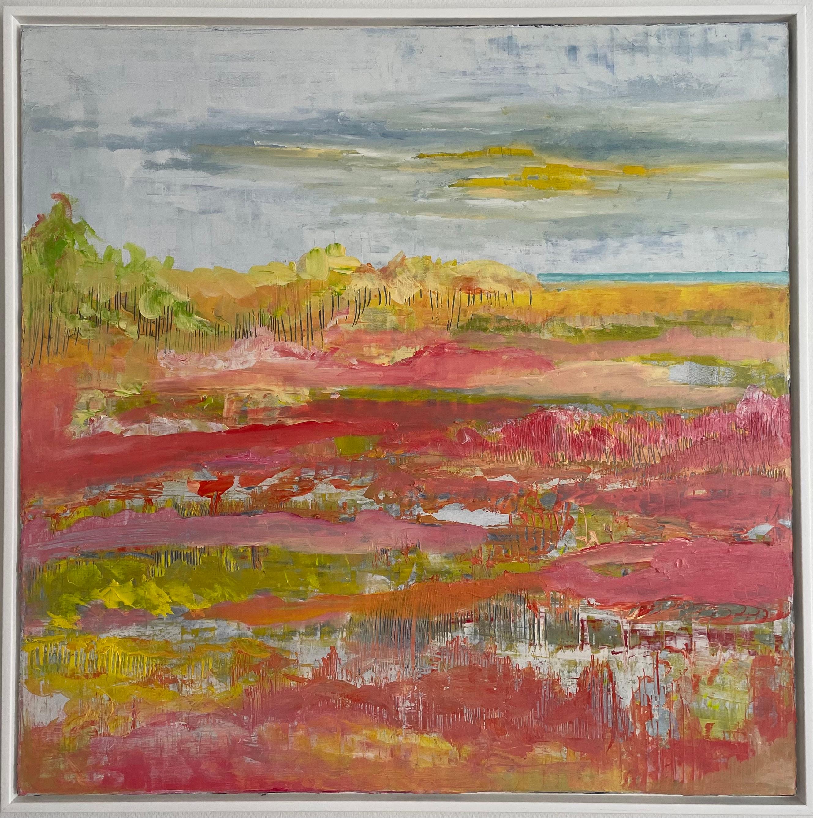 Susanne Kurdahl Vesterheden Abstract Painting - "Coral Landscape 2" A Pink And Yellow Contemporary Landscape By Susanne Kurdahl