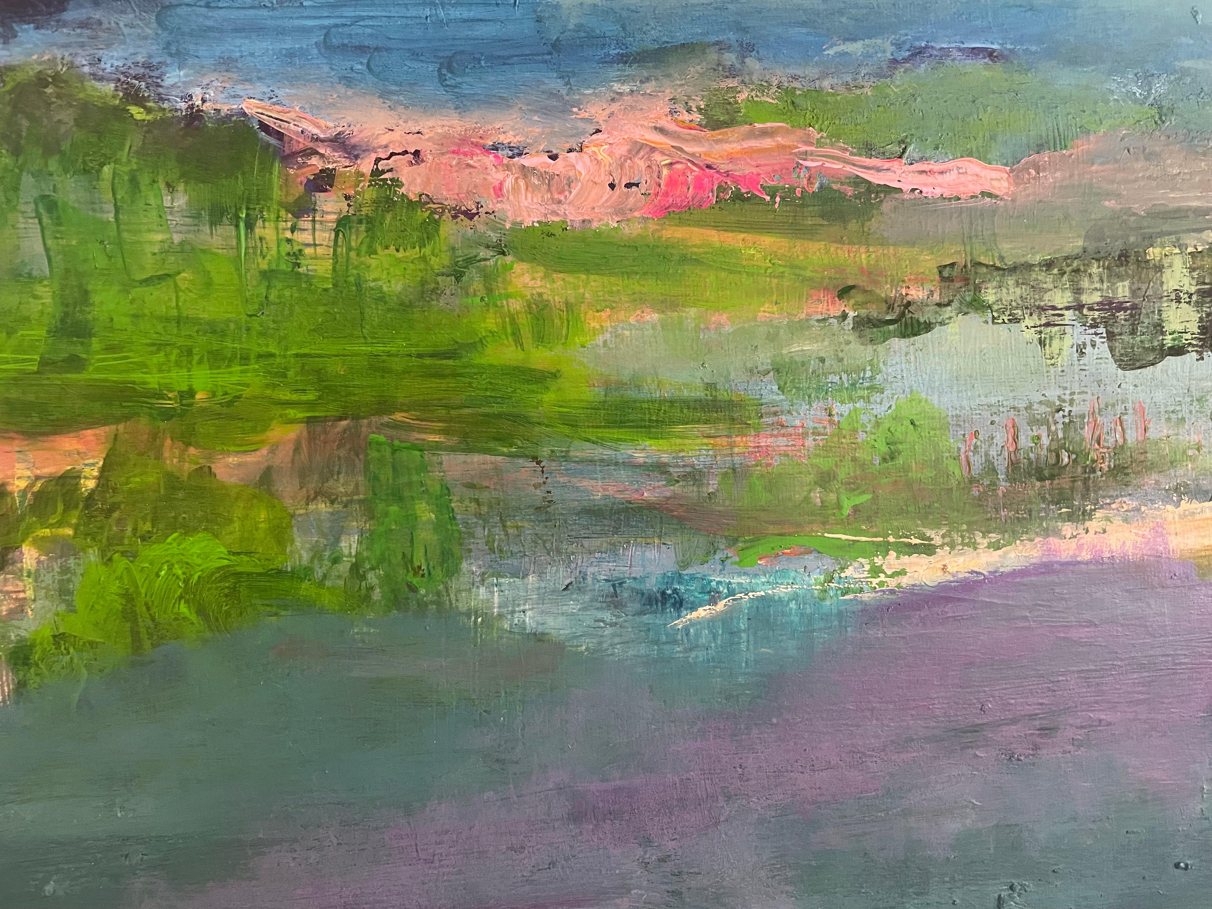 “Dreamscape” is an enchanting abstract landscape created by contemporary artist Susanne Kurdahl Vesterheden. This painting presents a joyful palette where fresh oranges, delicate pinks, and lively greens harmoniously merge with subtle and matte