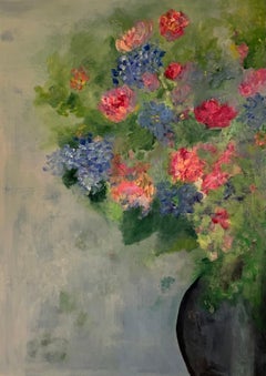 "Flowers In Vase" Large Pink and Blue Floral Painting By Susanne Vesterheden