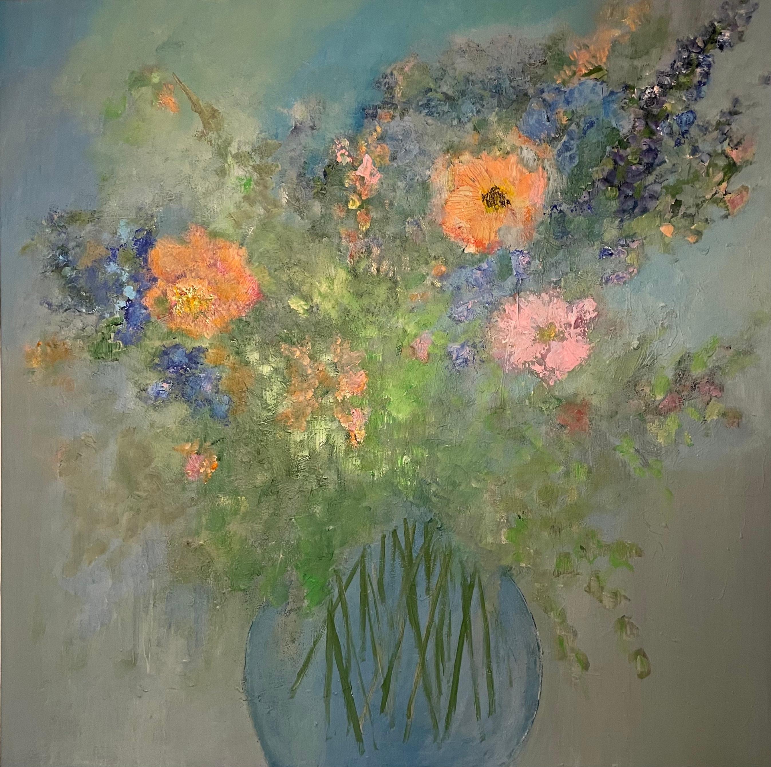 Susanne Kurdahl Vesterheden Abstract Painting – Große Contemporary Impressionist-Stil Orange Floral Malerei von Susanne Kurdahl