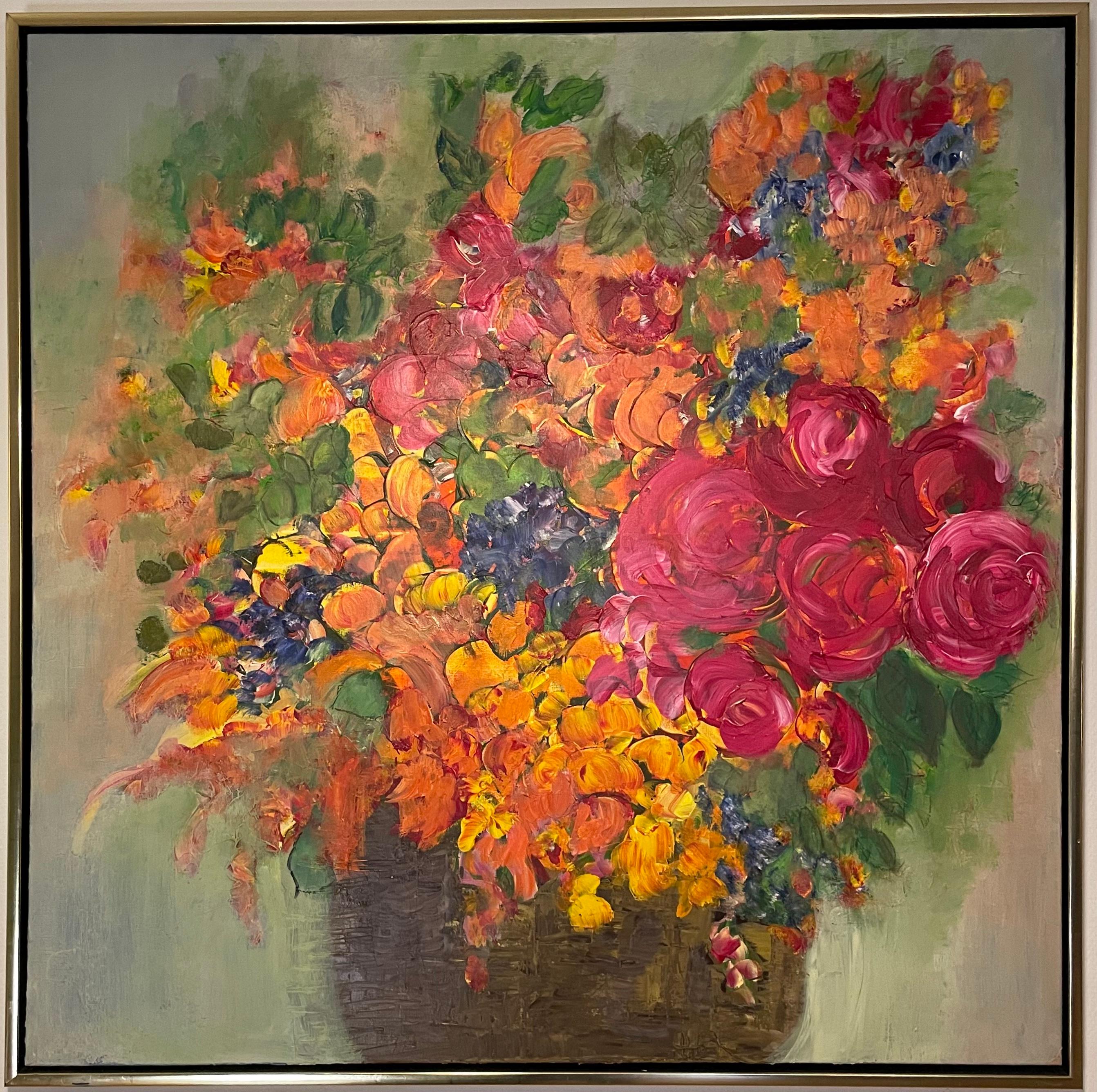 Susanne Kurdahl Vesterheden Interior Painting - "Red Flowers" Large Figurative Orange Pink Floral Painting By Susanne Kurdahl