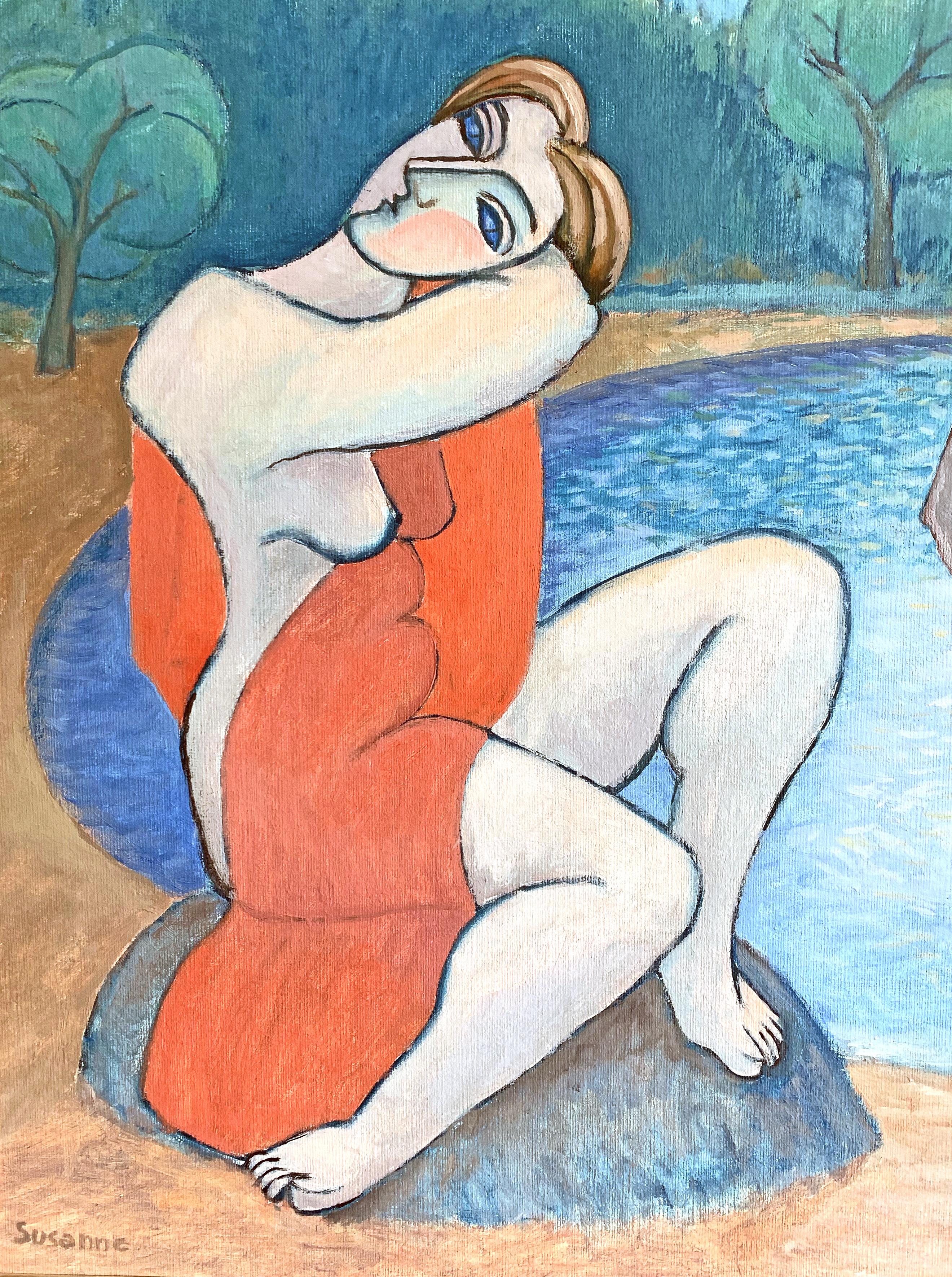 Affascinante miscela di cubismo e realismo romantico, questo dipinto a olio di Roland Alf, un artista svedese, raffigura una figura femminile cubista da un lato - chiaramente influenzata dal lavoro di Pablo Picasso - e una coppia di uomini a