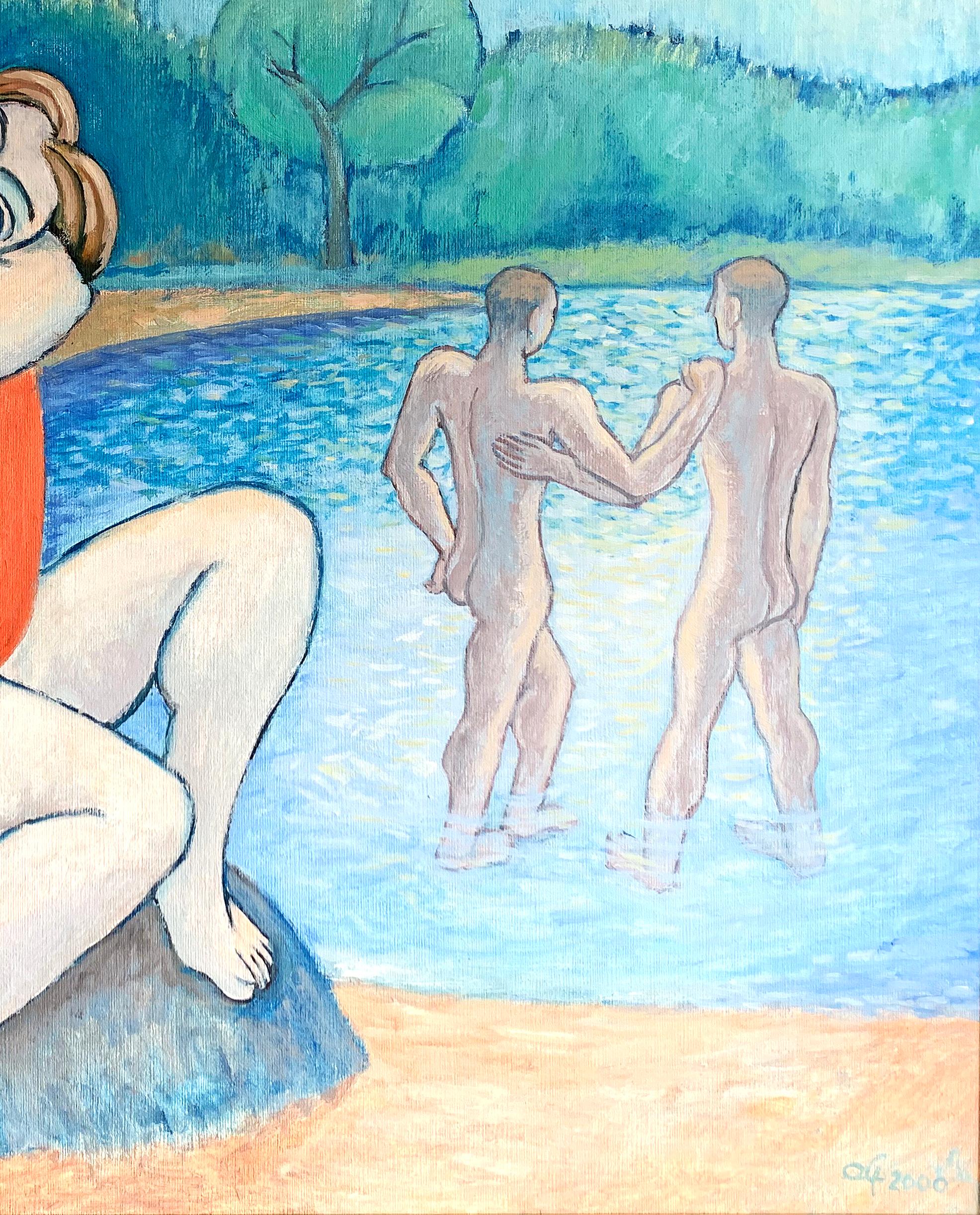 „Susanne“, schwedische Landschaft mit weiblicher Picasso-Esche-Figur und männlichem Paar (Moderne) im Angebot