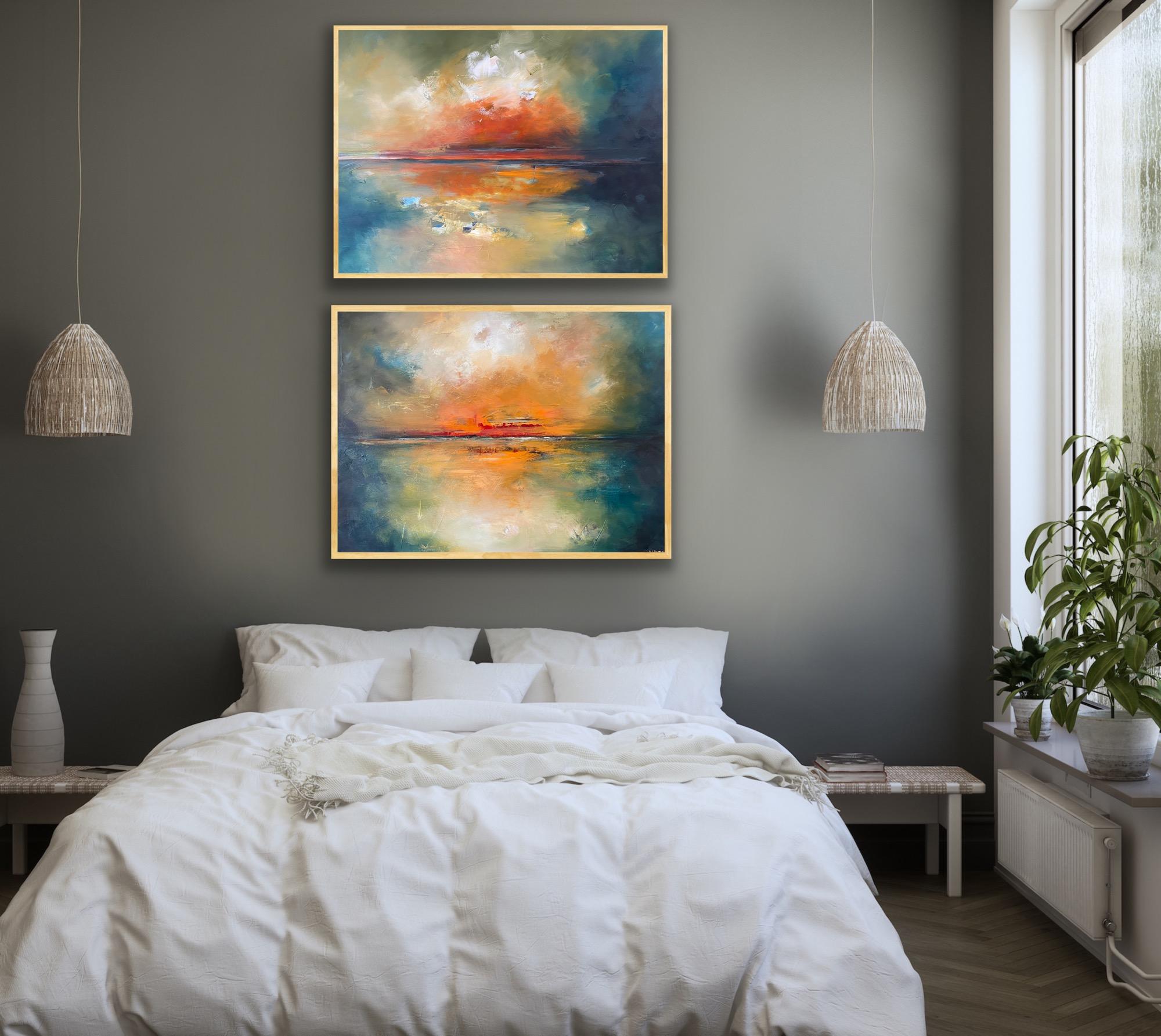 Diptych of 'Sea Of Elusion' is based on the beautiful orange sunsets in the Isle Of White, the warm gentle glow of the reflective water. The colours offer sheer ore also tranquility and calmness and When I painted 'Sea Of Elusion' the contrast of