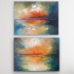 Diptych of Sea Of Elusion and Orange Evening, Original panting, Landscape, Sea