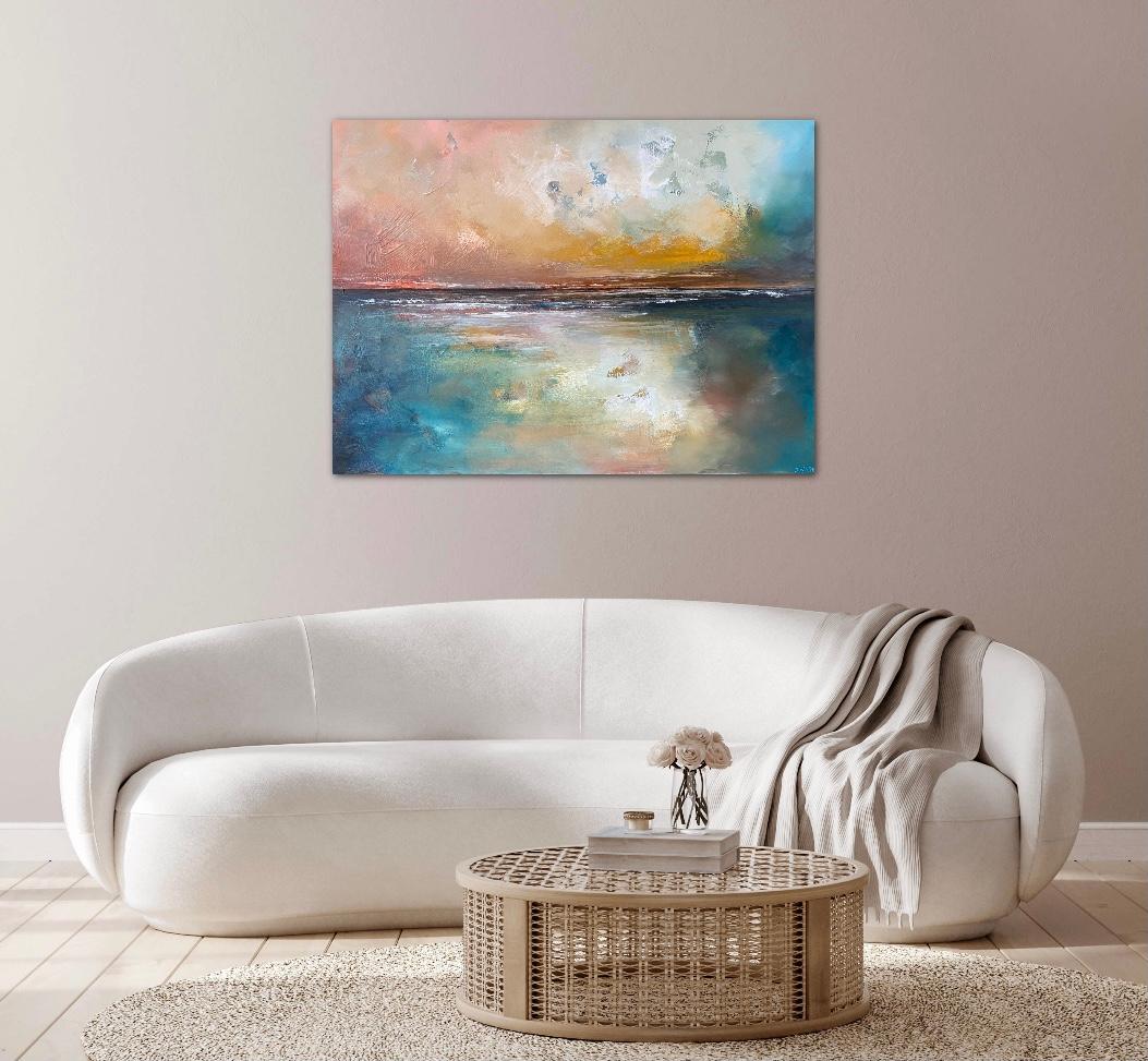 Cool Tranquility, Original Acrylic, Abstract Seascape Painting, Isle of Wight - Brown Abstract Painting by Susanne Winter