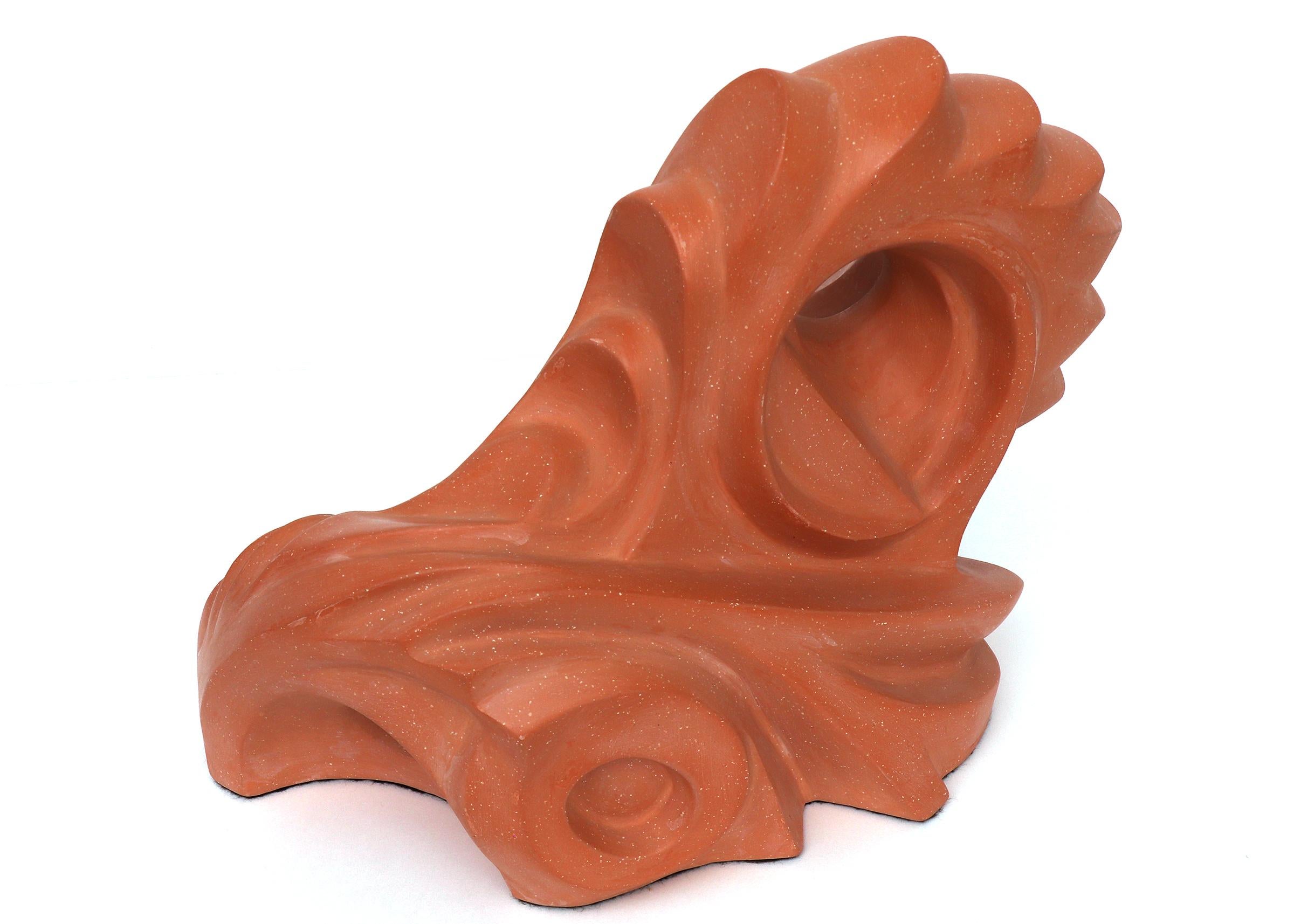 
This stunning abstract terra cotta sculpture, titled Continuum, is a striking work by 20th-century artist Sushe Felix. Featuring a continuous, fluid form, the sculpture is characterized by graceful curves, textured ridges, and multiple circular