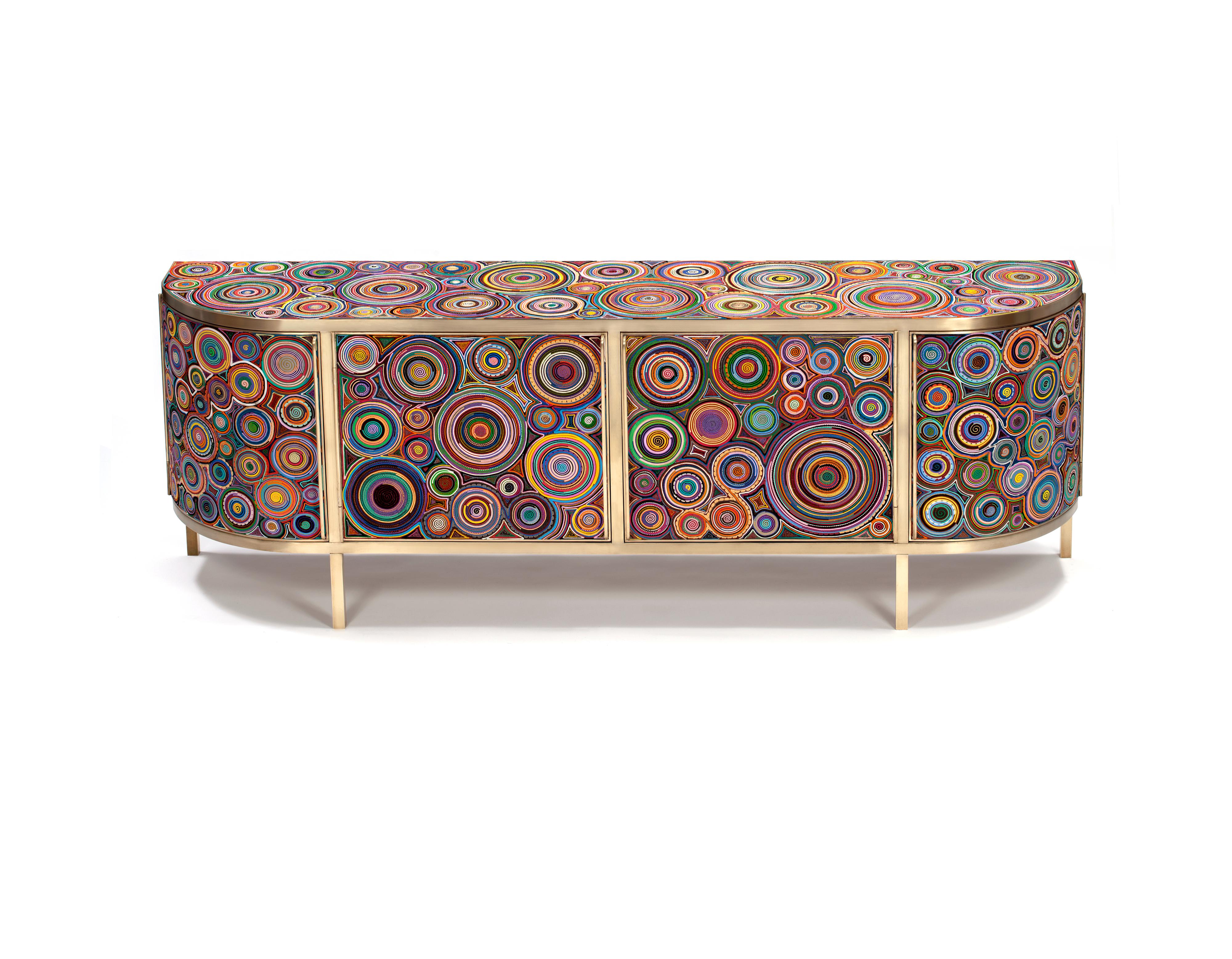 Fernando and Humberto Campana [Brazilian, b. 1961, 1953]
Sushi Buffet, 2012
Carpet, rubber, EVA, fabric and estela handcrafted into sushi rolls partially covering brass structure
28.25 x 78.75 x 17.75 inches
72 x 200 x 45 cm