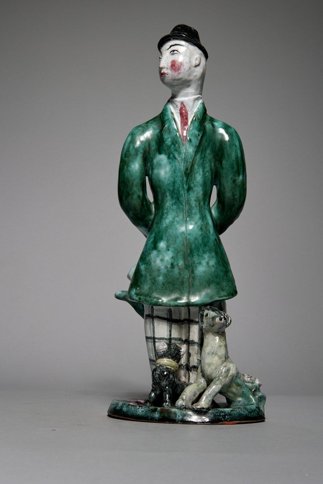 Susi Singer-Schinnerl Figurative Sculpture - Man with Two Dogs, Early 20th Century Wiener Werkstätte Sculpture, Female Artist
