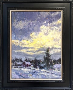 "The Old Stage Shop" - Impressionist Winter Landscape and Skyscape, Oil Painting