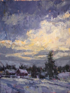 "The Old Stage Shop" - Impressionist Winter Landscape and Skyscape, Oil Painting