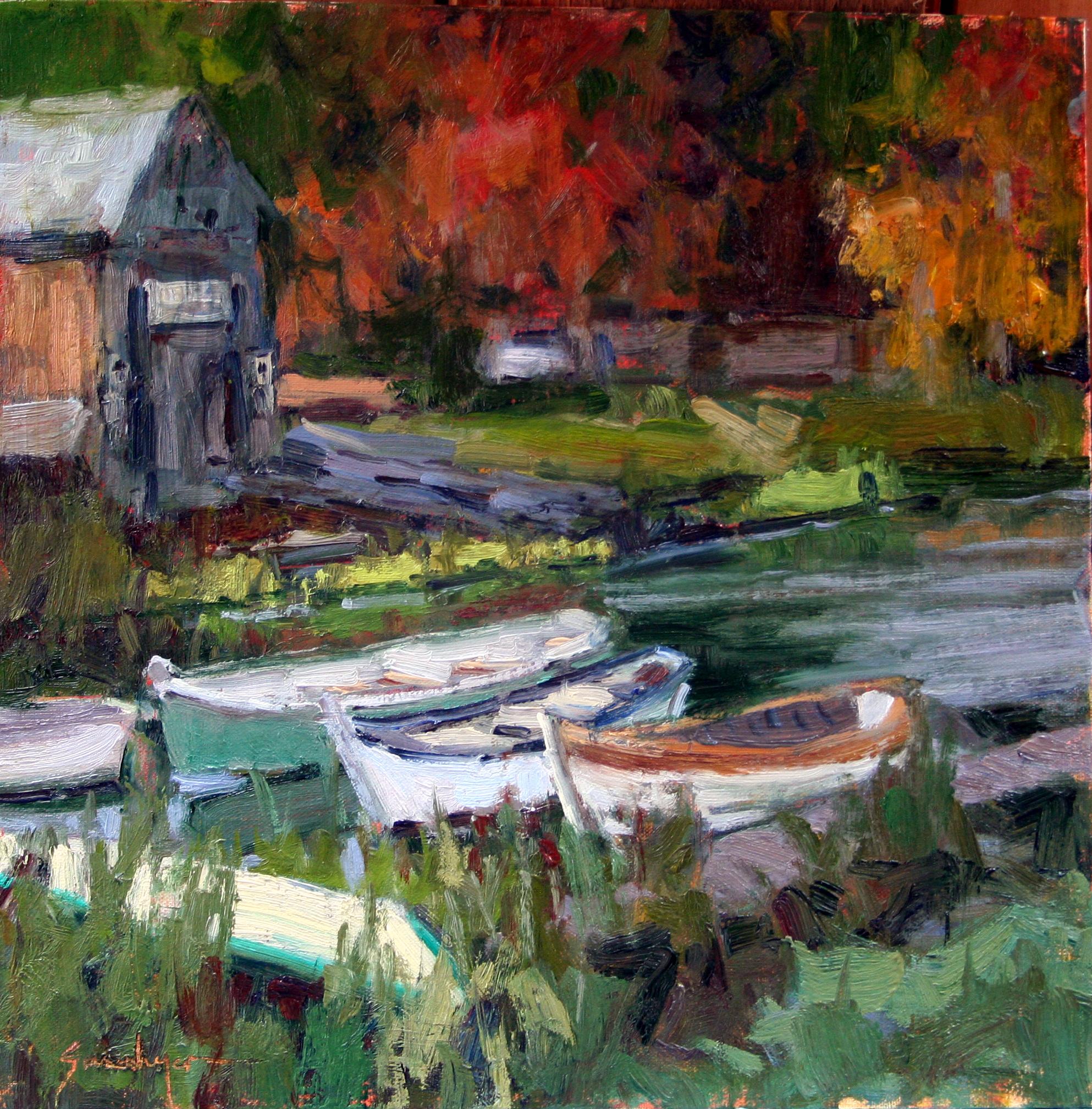 Drei in einer Reihe – Painting von Susie Hyer