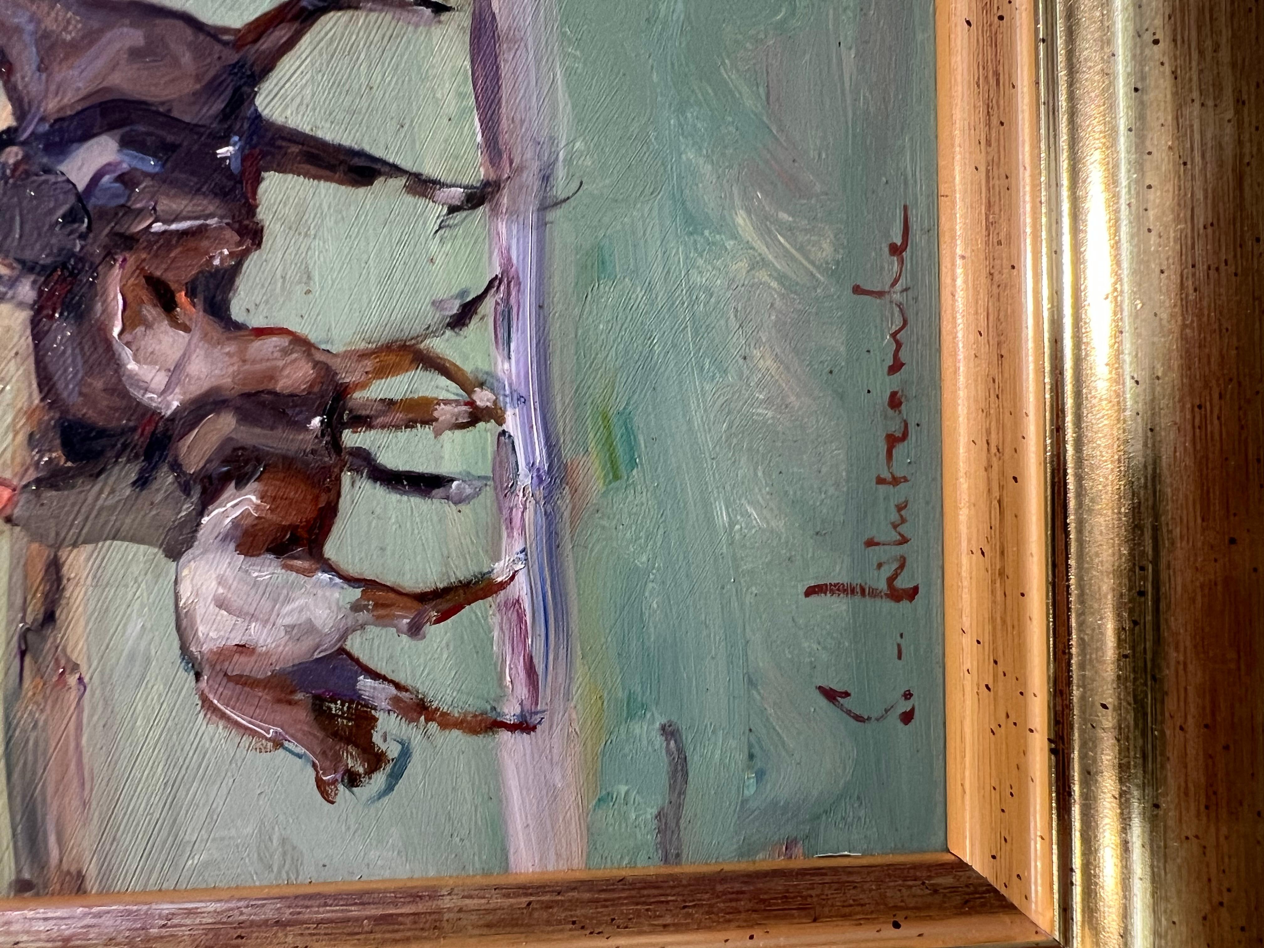 Leicestershire Hunting Morning - Gray Landscape Painting by Susie Whitcombe