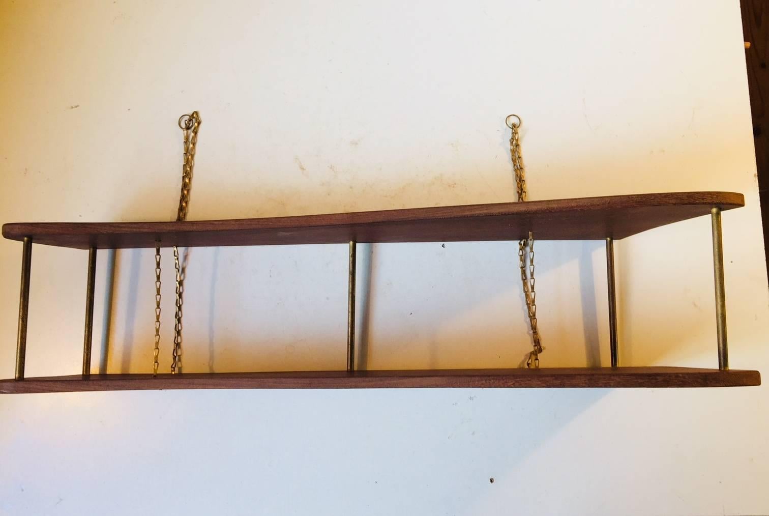 Patinated Suspended Danish Teak and Brass Spice Rack, 1960s For Sale