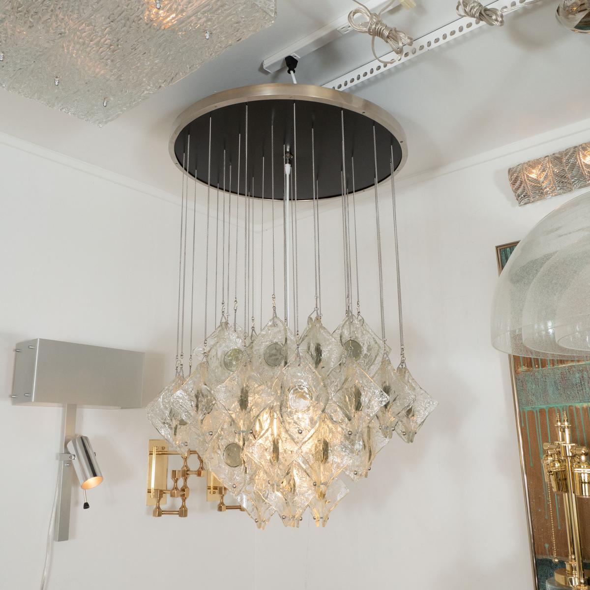 Flush mount ceiling fixture composed of Murano glass spotted elements suspended via individual chains by Mazzega.