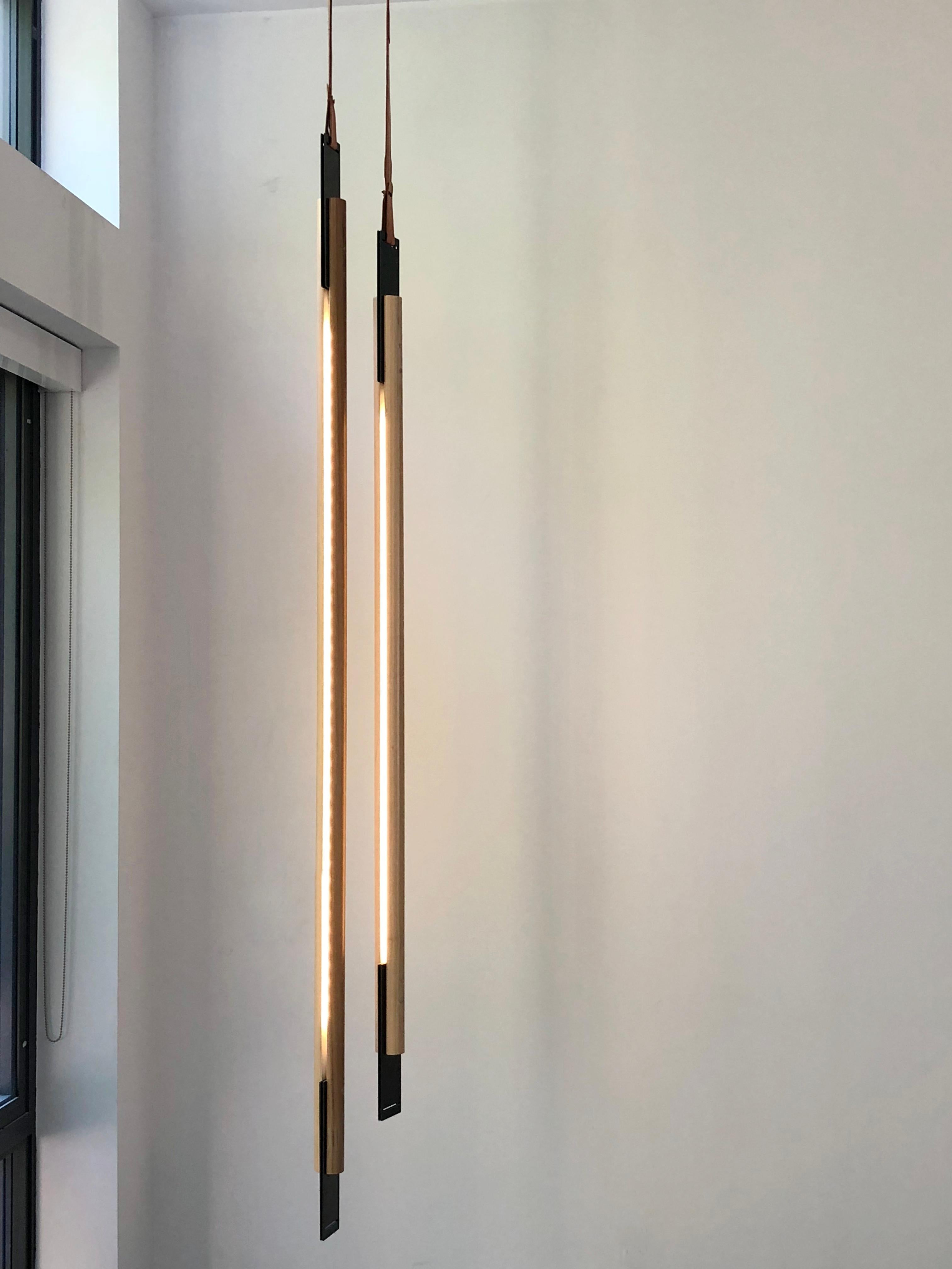 North American Suspended Linear Modern Wood Light Fixture For Sale