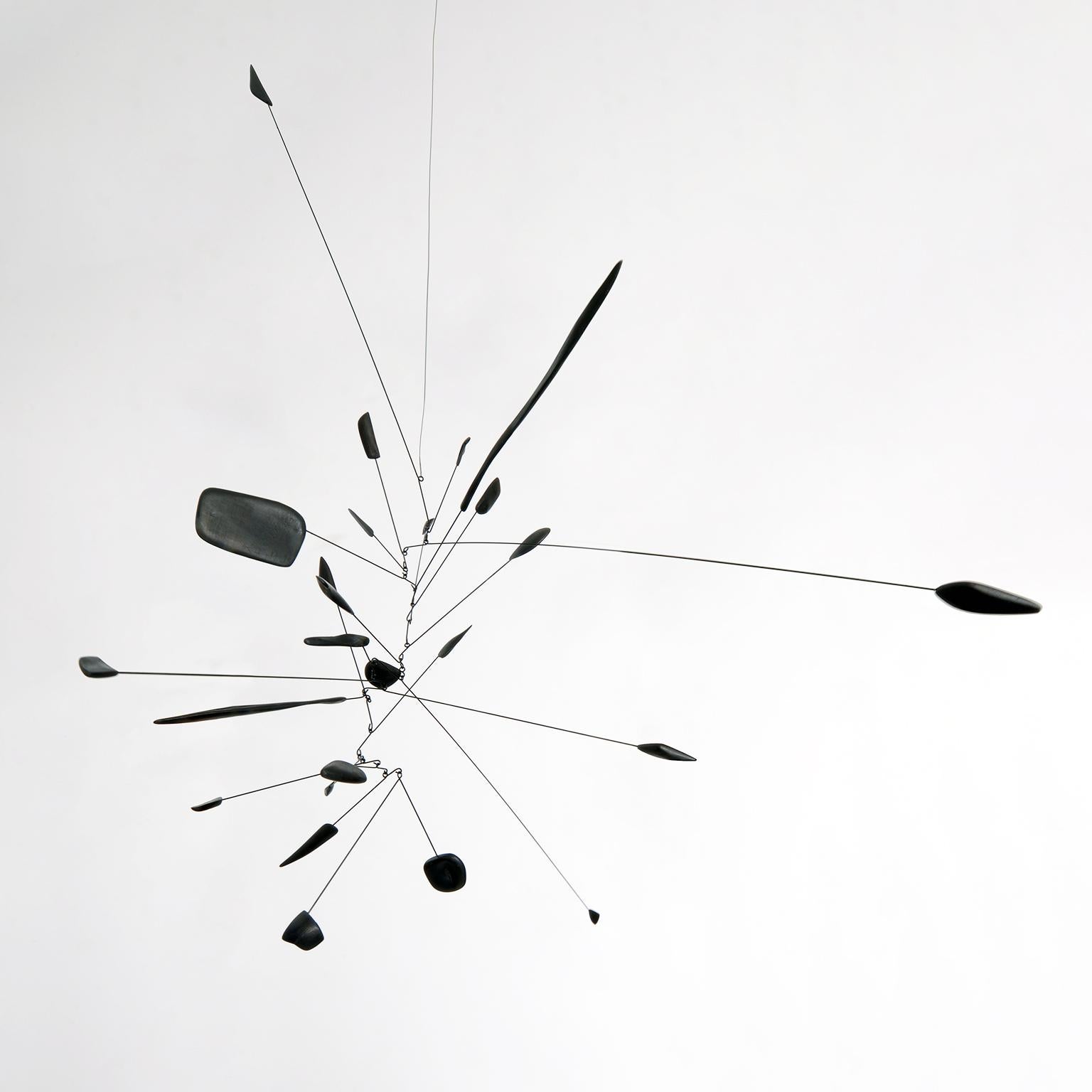 Suspended Mobile by Derick Pobell made from 25 black painted balsa wood and wire balanced elements. Unique, No. 1216.