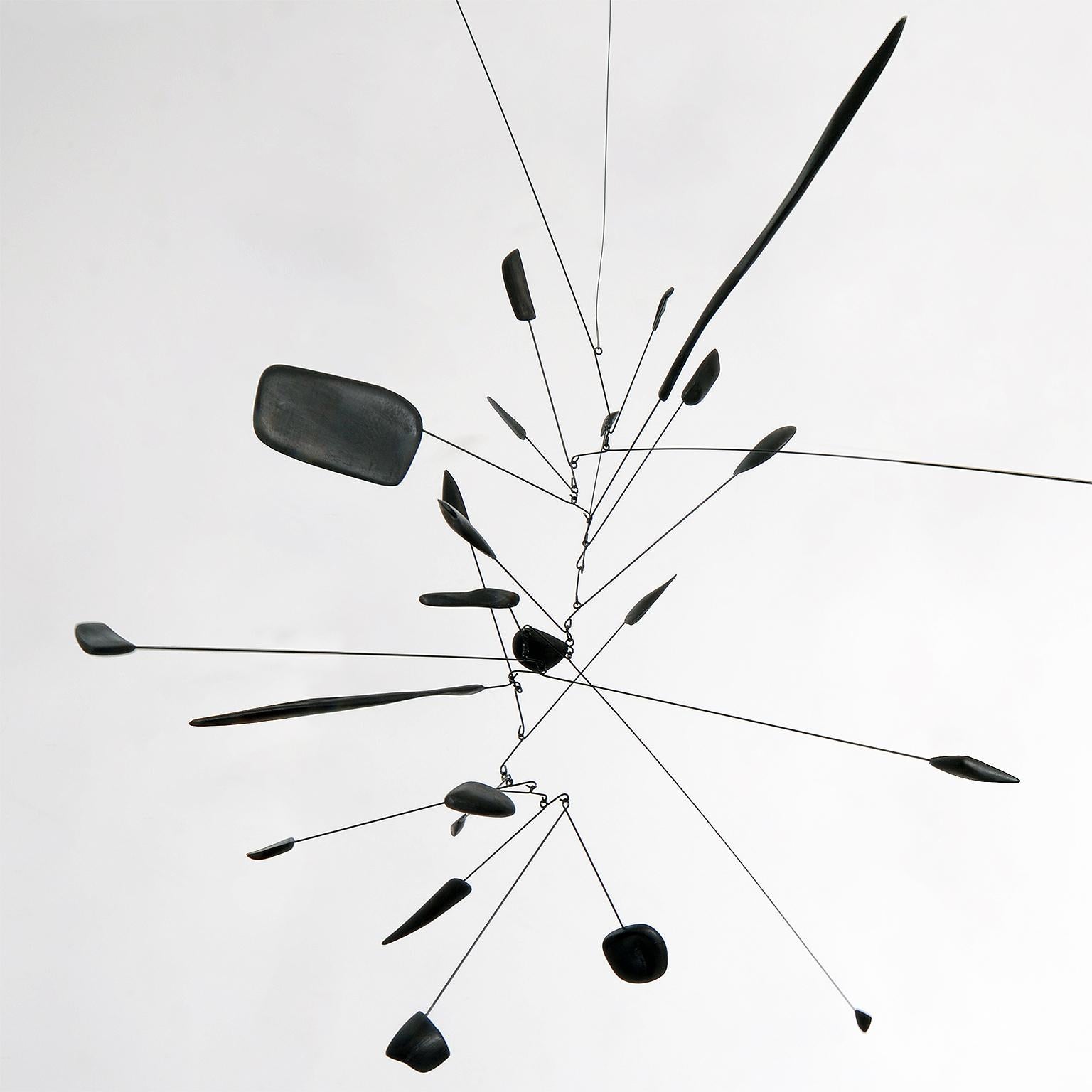 German Suspended Mobile by Derick Pobell in Black Painted Balsa Wood and Wire