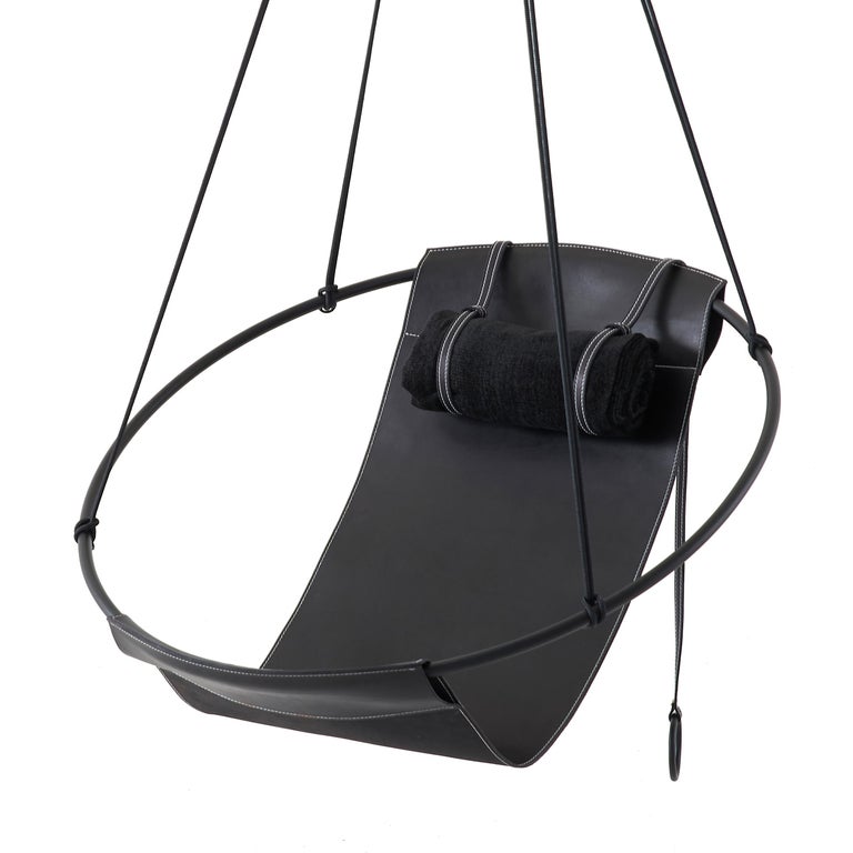 Suspended Seating, Modern Thick Leather Sling Chair in Black For Sale
