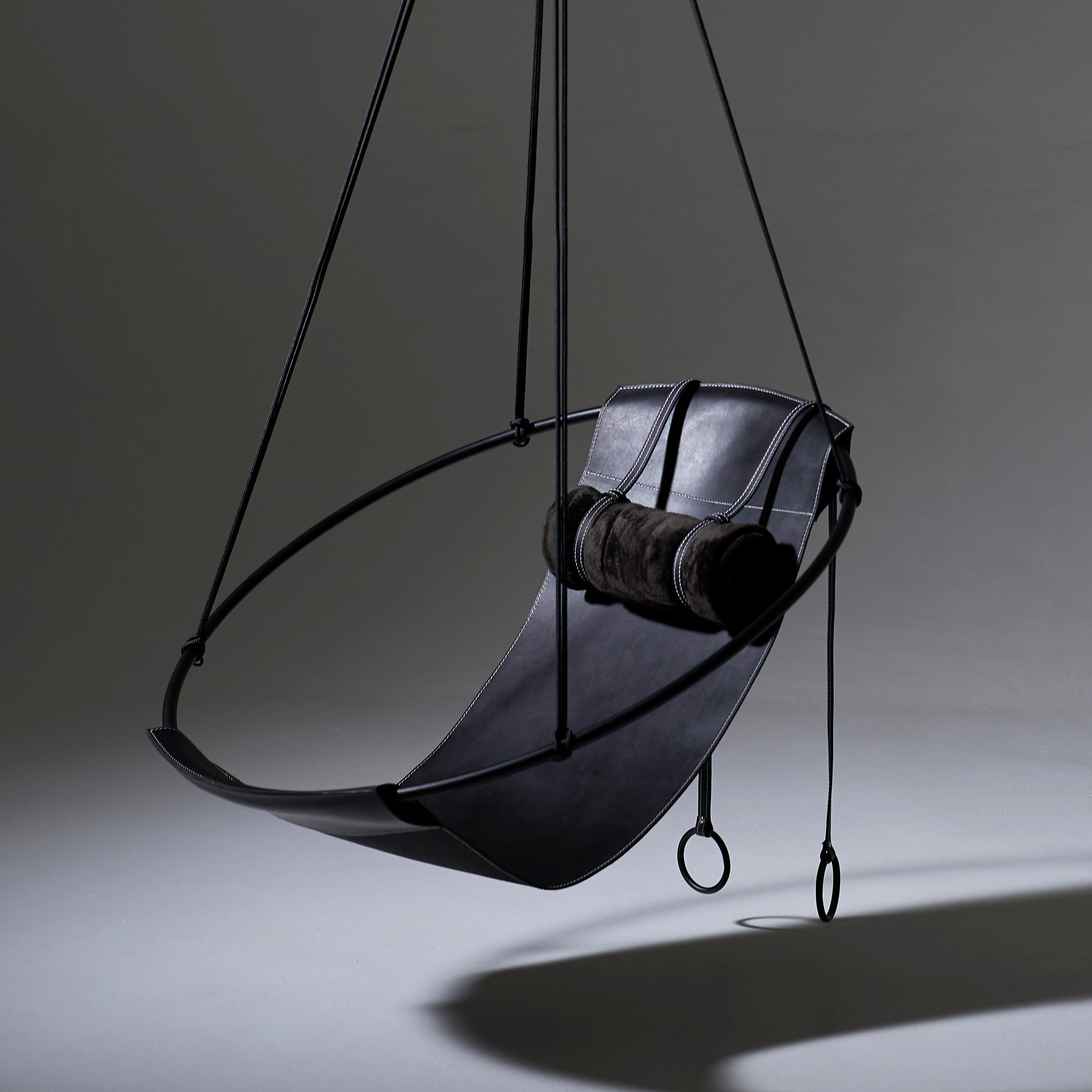 Steel Suspended Seating, Modern Thick Leather Sling Chair in Black For Sale