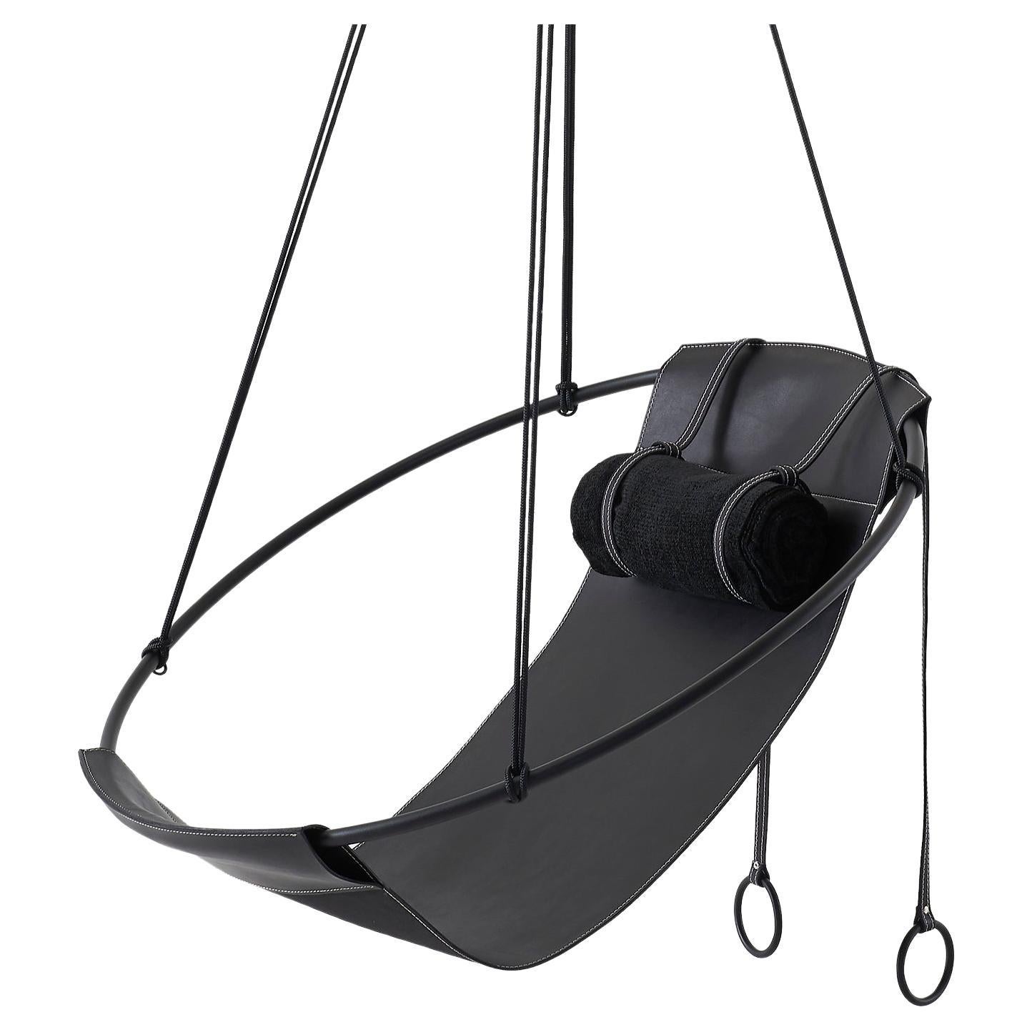 Suspended Seating, Modern Thick Leather Sling Chair in Black For Sale