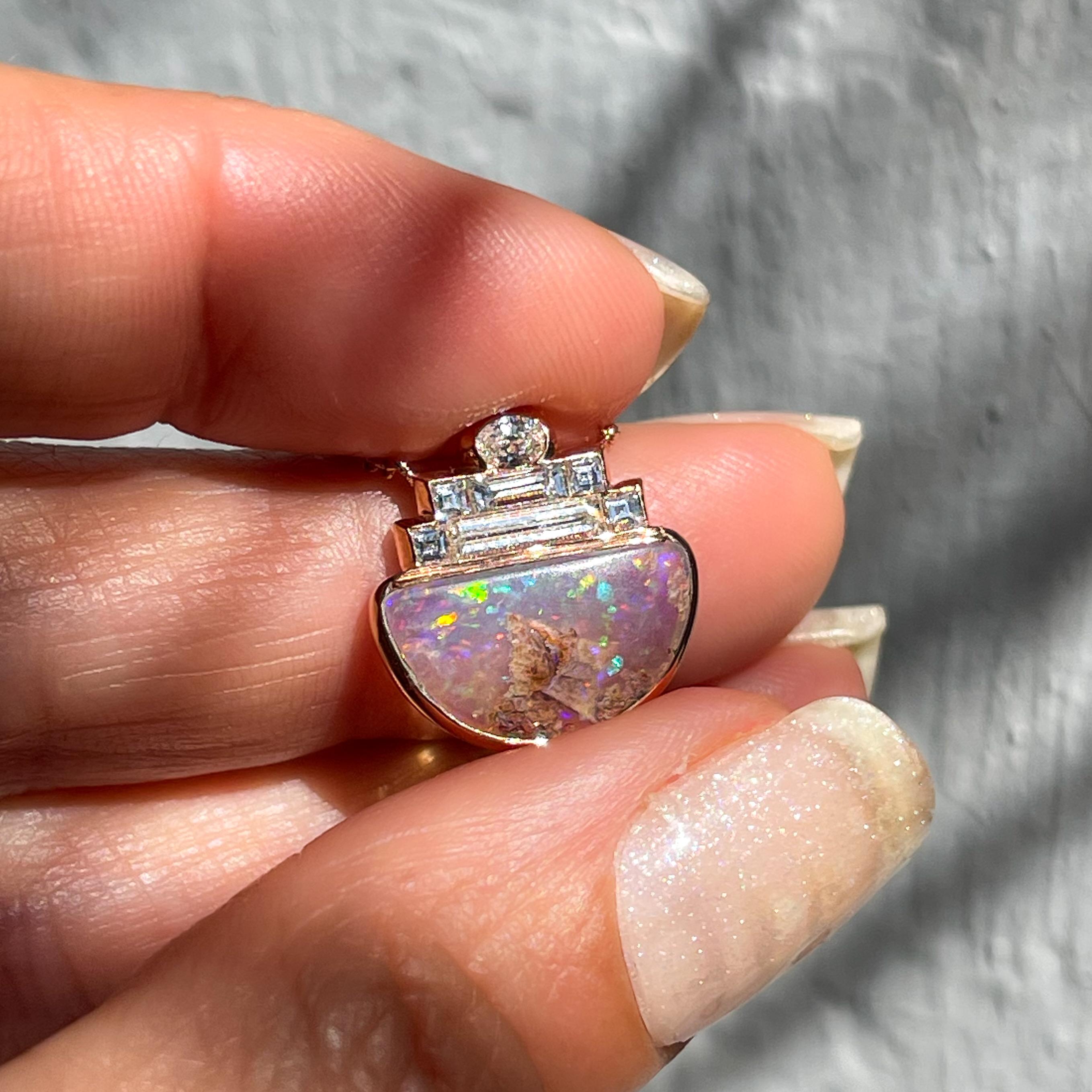 Art Deco Suspension Australian Opal Necklace with Diamond in Rose Gold by NIXIN Jewelry For Sale