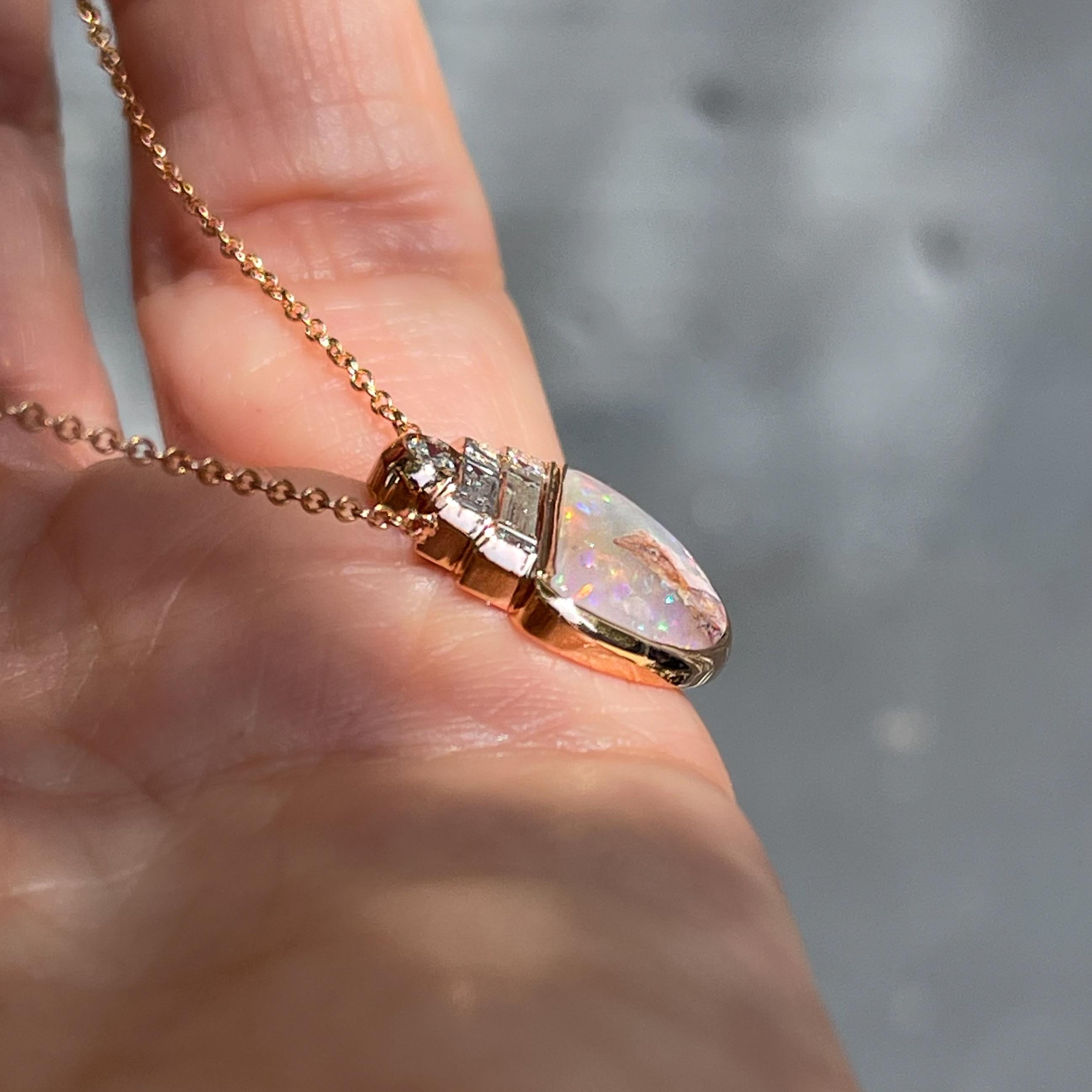 Half Moon Cut Suspension Australian Opal Necklace with Diamond in Rose Gold by NIXIN Jewelry For Sale
