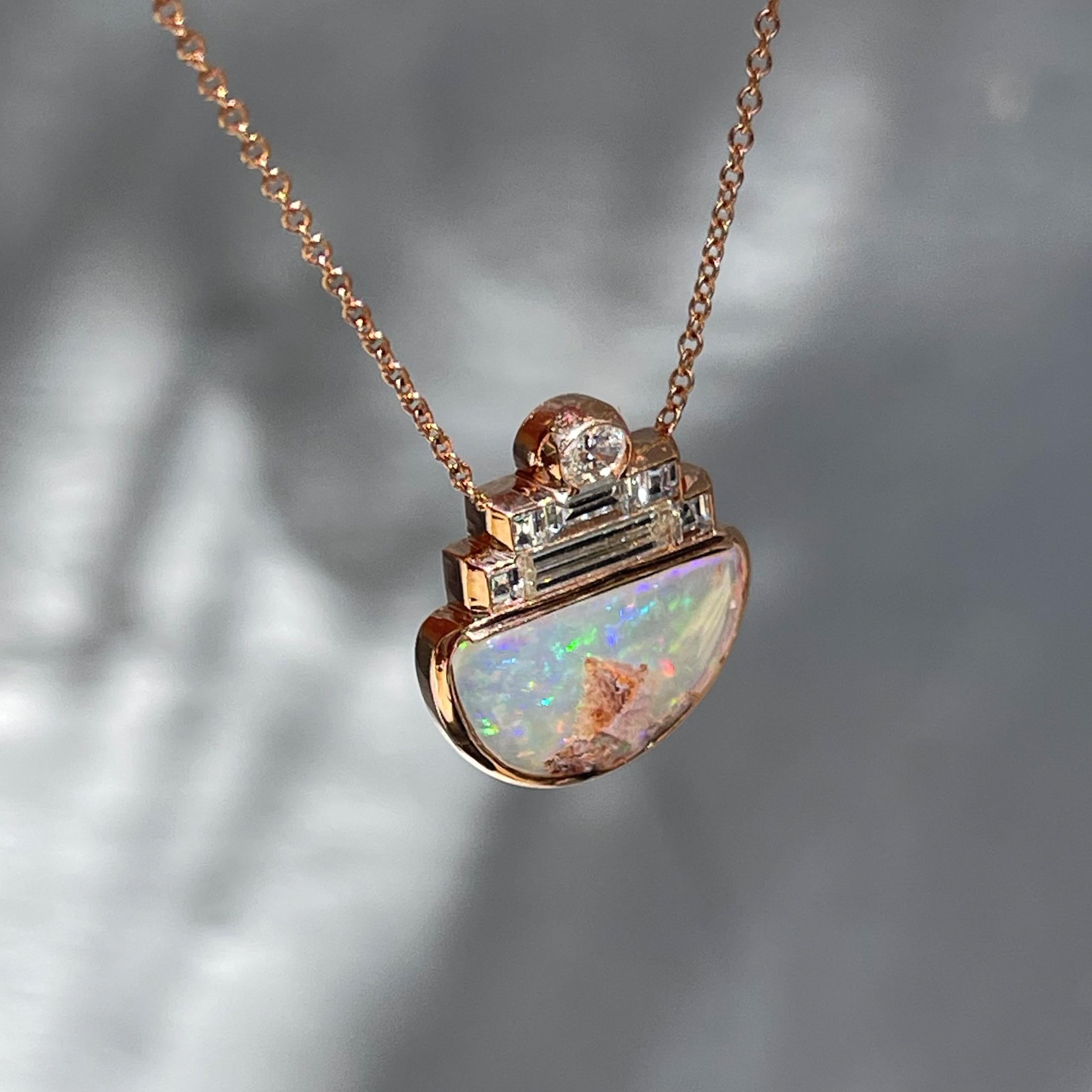 Suspension Australian Opal Necklace with Diamond in Rose Gold by NIXIN Jewelry In New Condition For Sale In Los Angeles, CA