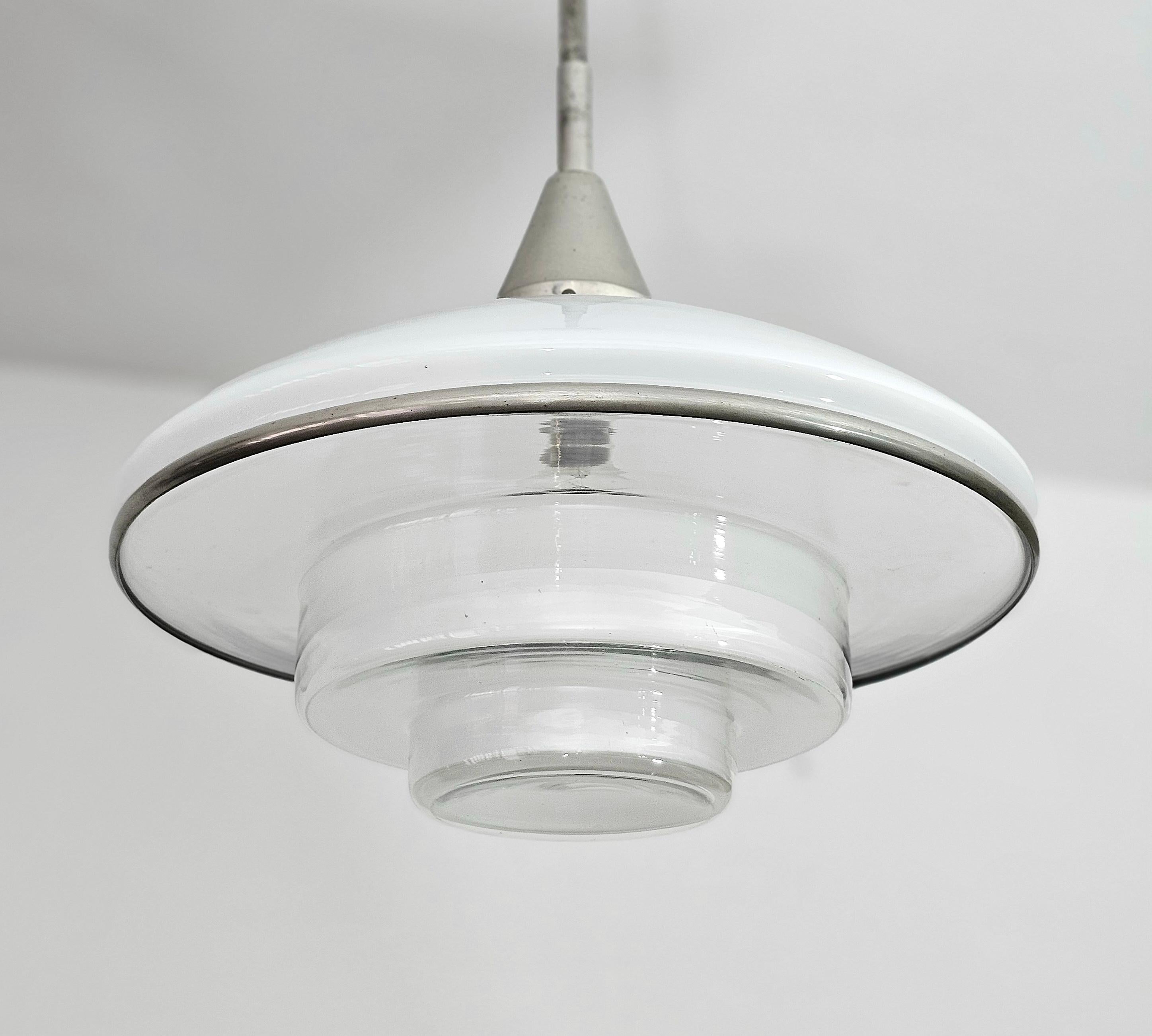 Frosted Suspension Chandelier Glass Nickel-Plated Brass Otto Muller Bauhaus Germany 1930