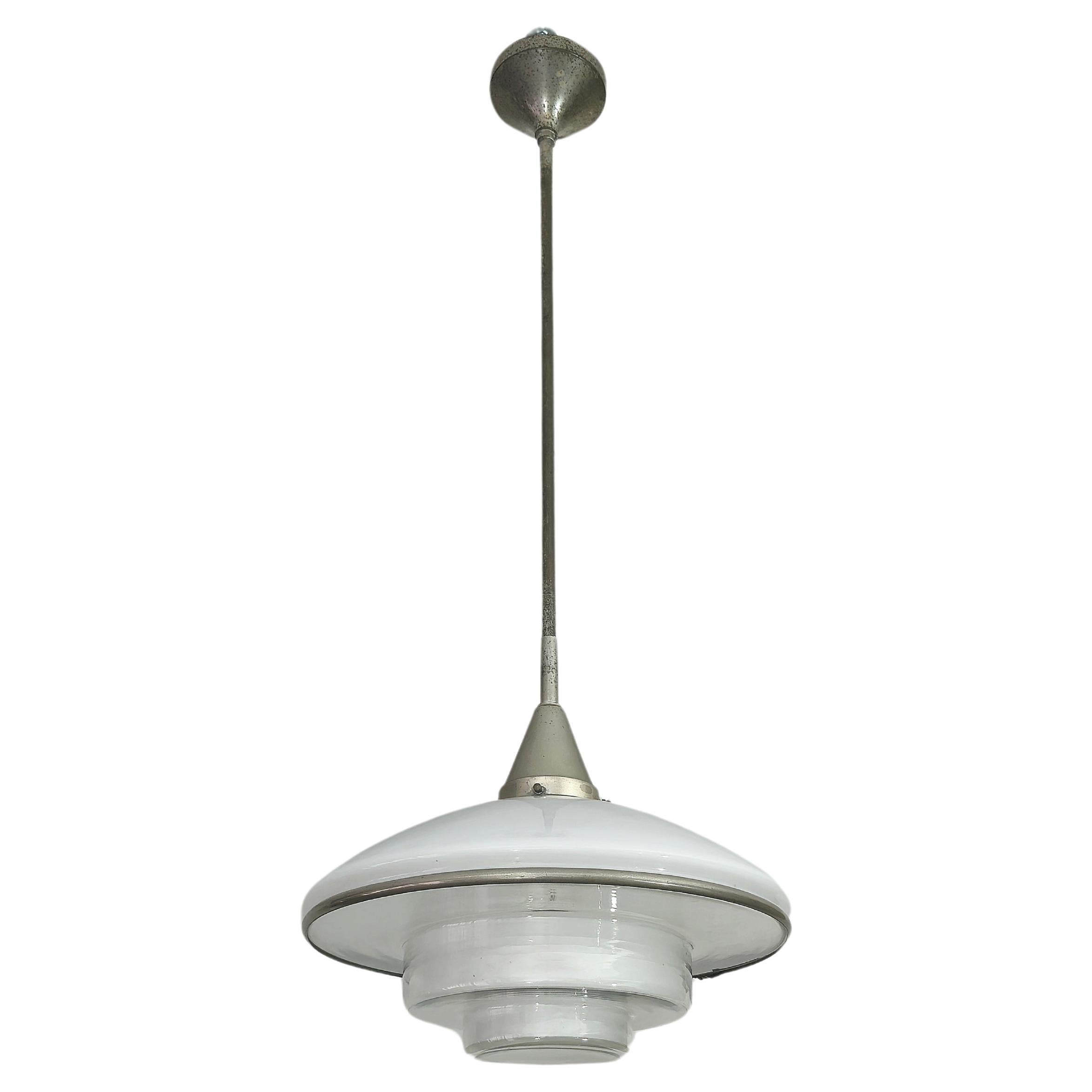 Suspension Chandelier Glass Nickel-Plated Brass Otto Muller Bauhaus Germany 1930