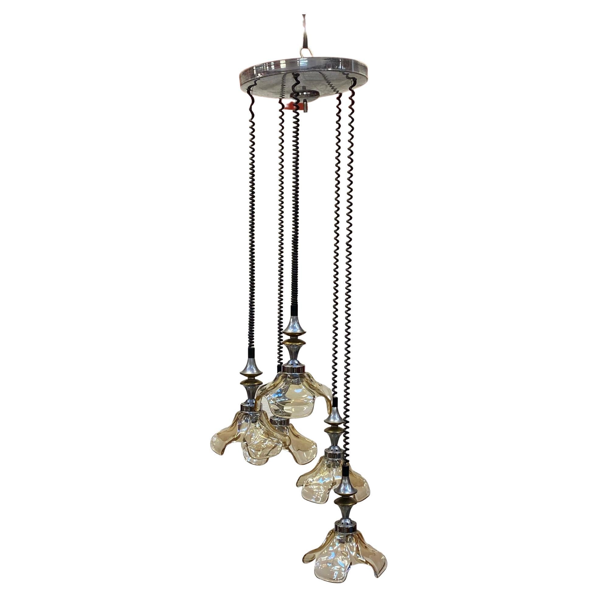 suspension in chromed metal and Murano glass circa 1970 For Sale