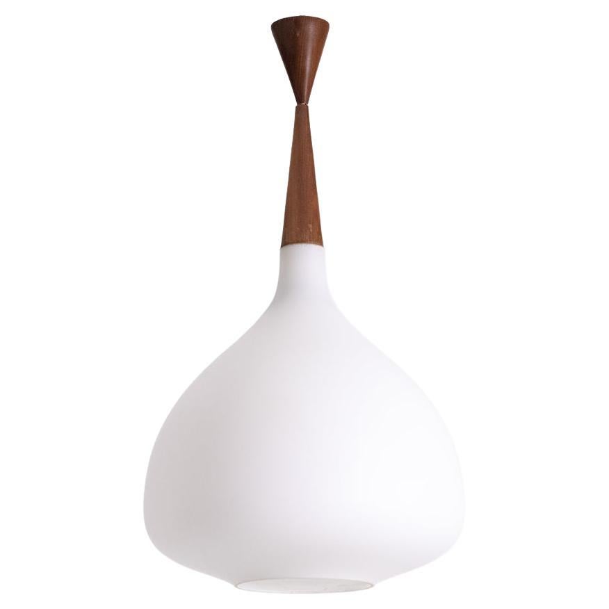 Suspension in white opaline glass and blond mahogany. 1960s. For Sale