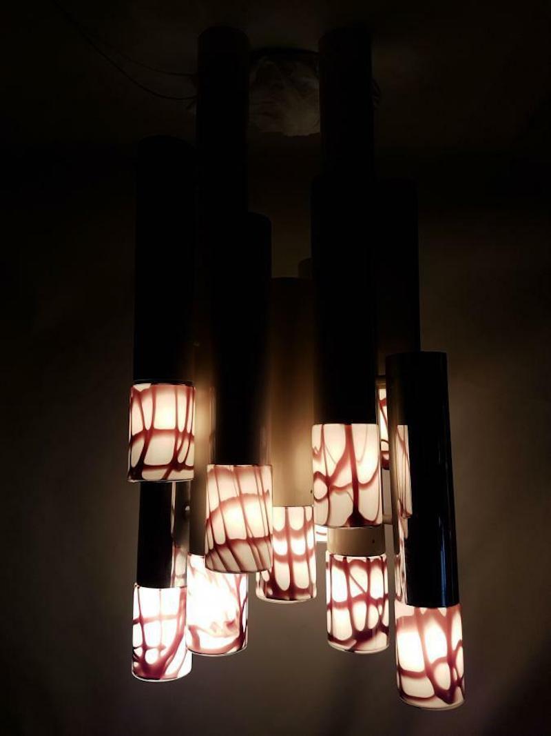 Italian Suspension Lamp, 11 Blown Glass Lights, Design Angelo Brotto for Esperia, 1970s For Sale