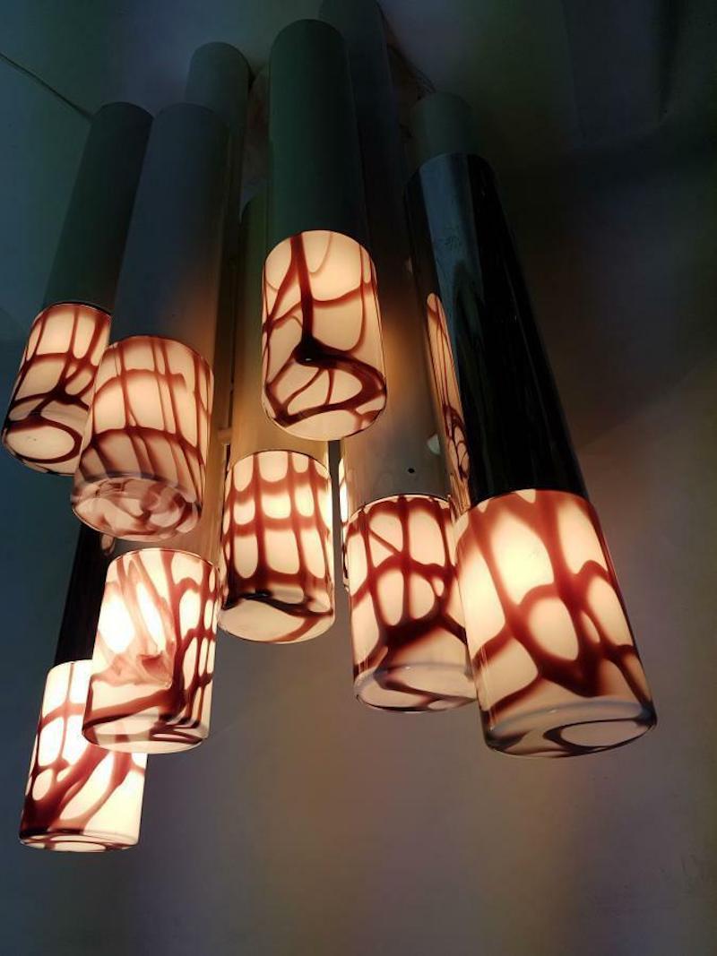 Metal Suspension Lamp, 11 Blown Glass Lights, Design Angelo Brotto for Esperia, 1970s For Sale
