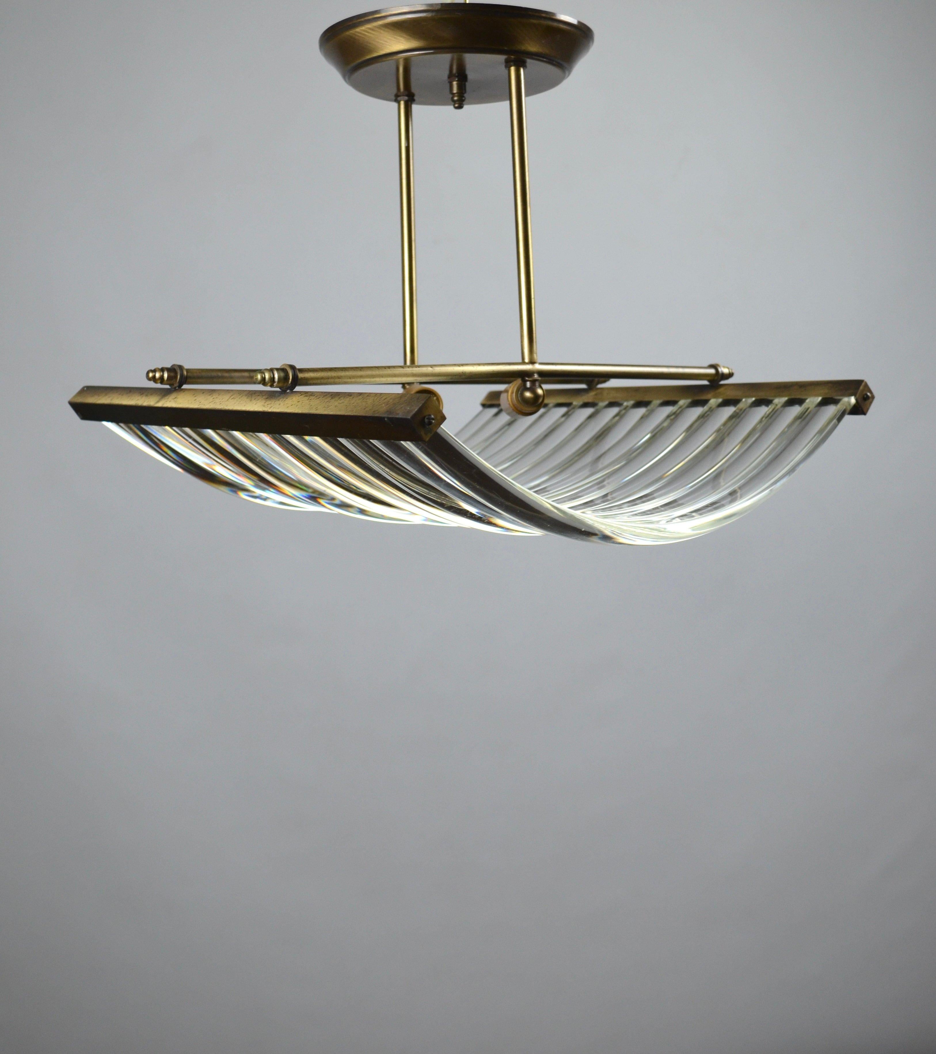 Brass Suspension Lamp in Curved Glass Bars, 1970s For Sale