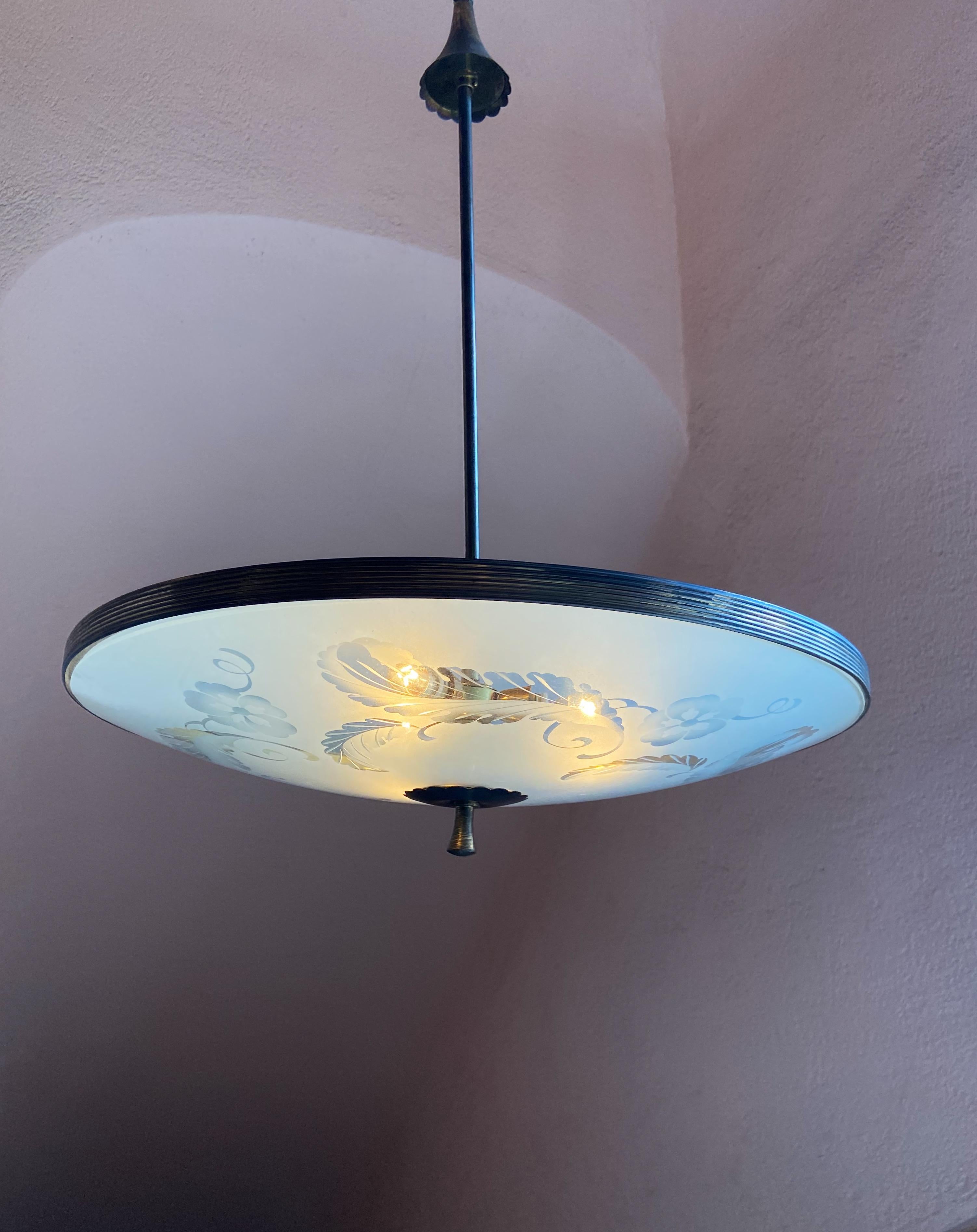 Lampada a sospensione in vetro di Murano e ottone di Pietro Chiesa per Fontana Arte in vendita 3