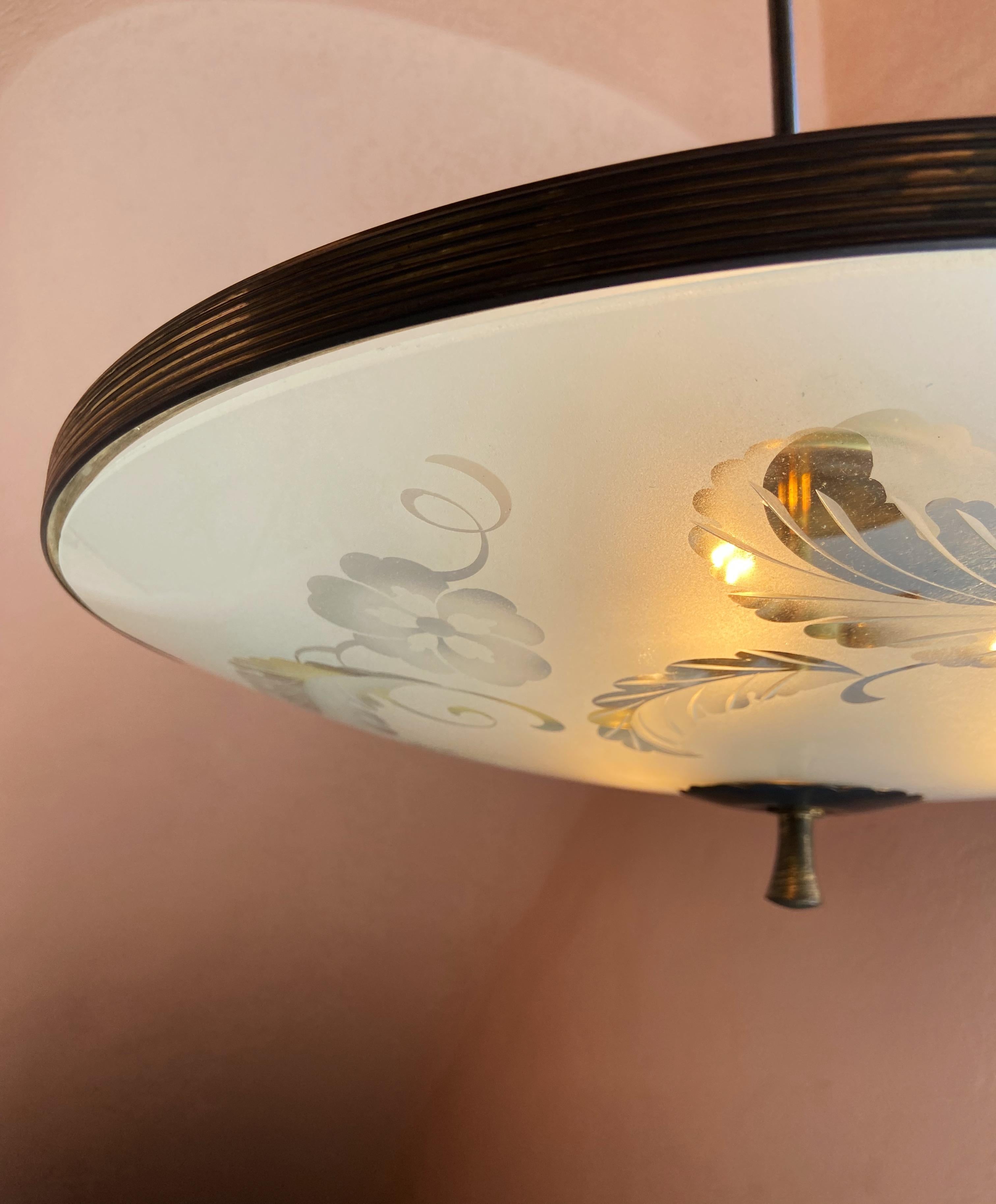 Lampada a sospensione in vetro di Murano e ottone di Pietro Chiesa per Fontana Arte in vendita 7